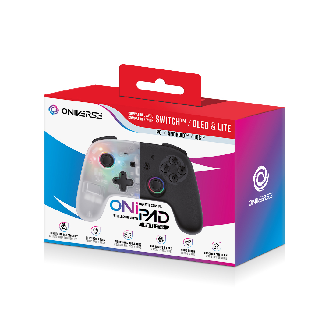 Una scatola di gamepad, a marchio Oniverse, che mostra un gamepad wireless con compatibilità Switch/OLED & Lite. Caratteristiche di design bianco e nero.