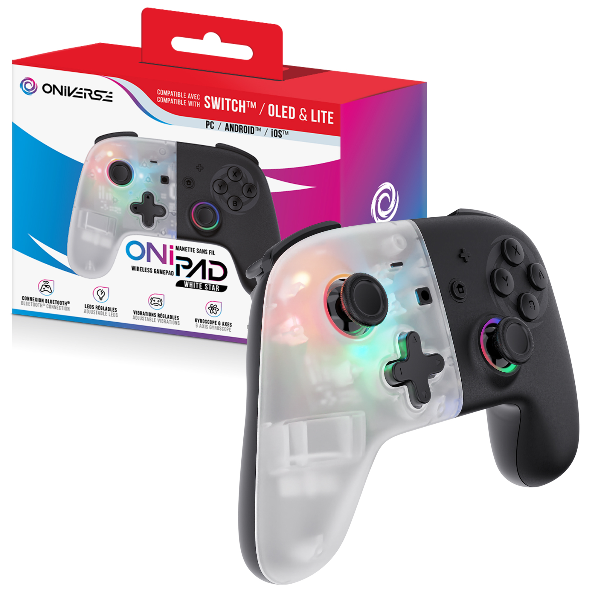 Un gamepad wireless ONiPAD bianco e nero con una scatola rossa e bianca dietro. È compatibile con Switch/OLED & Lite.
