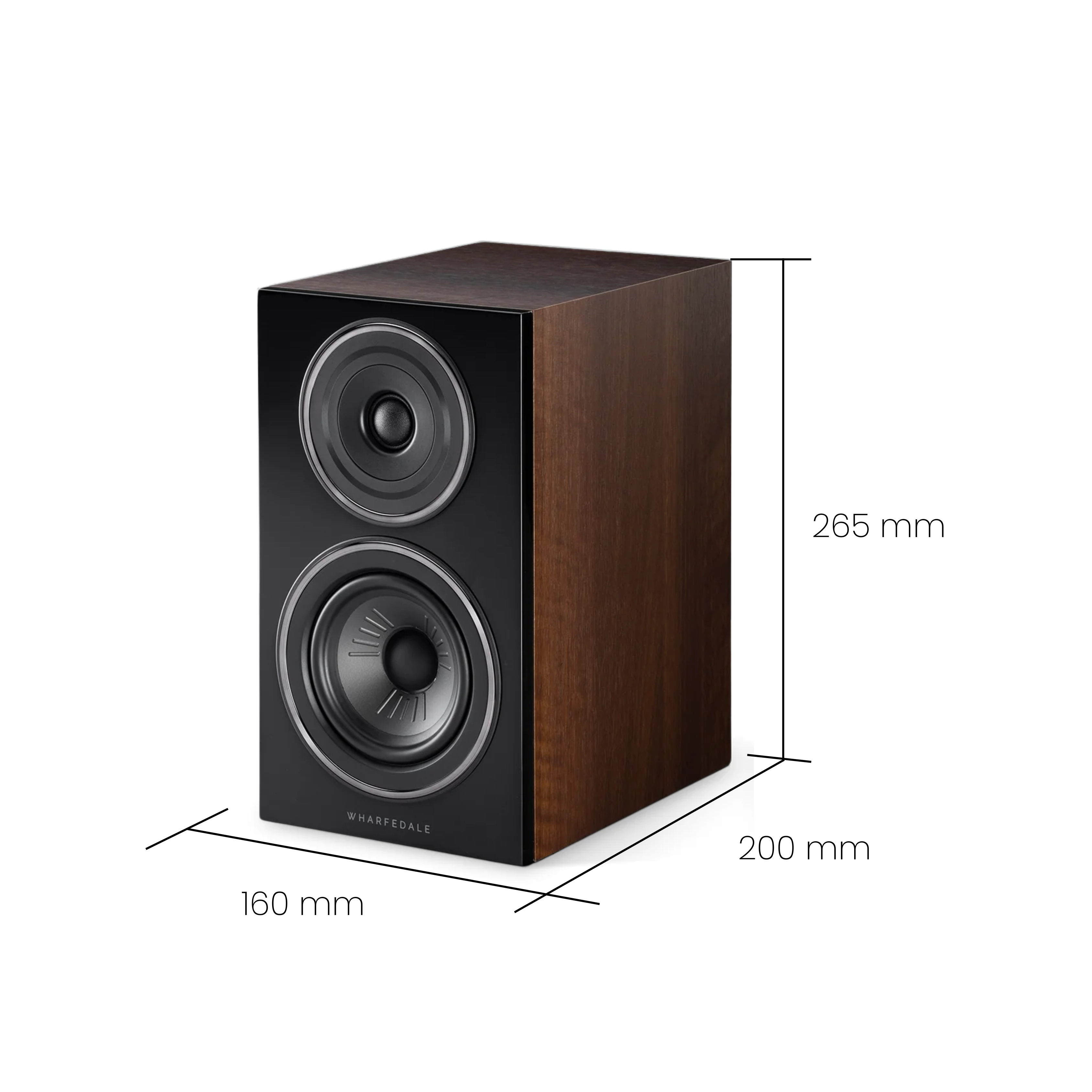 Un altoparlante con parte anteriore nera e lati marroni. Dimensioni: 160x200x265mm. Marchio: Wharfedale.