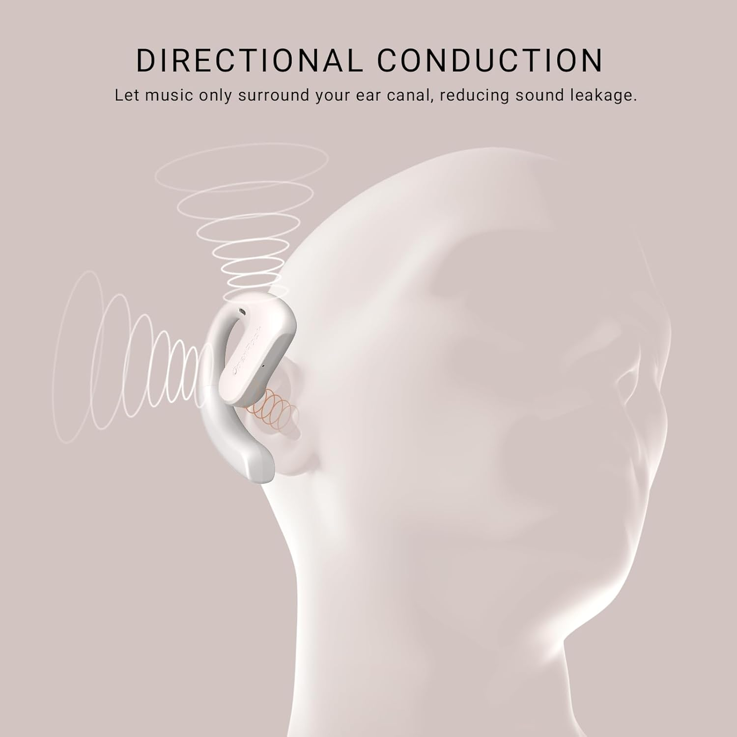 L'immagine mostra un auricolare sull'orecchio di una persona con onde sonore. Il testo recita 'Direzione Conduzione' e 'Lascia che la musica circondi solo il tuo orecchio'.