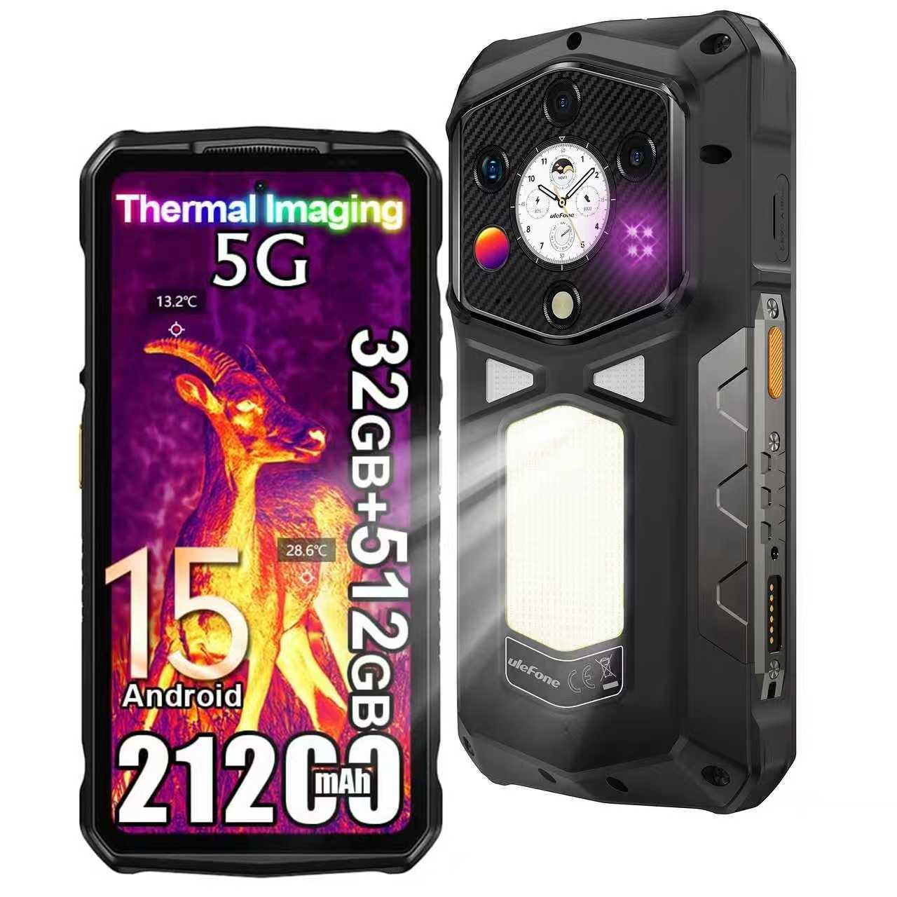 Uno smartphone robusto con termocamera, un display che mostra un'immagine di cervo e dettagli come 5G, 32GB+512GB e batteria da 21200mAh.