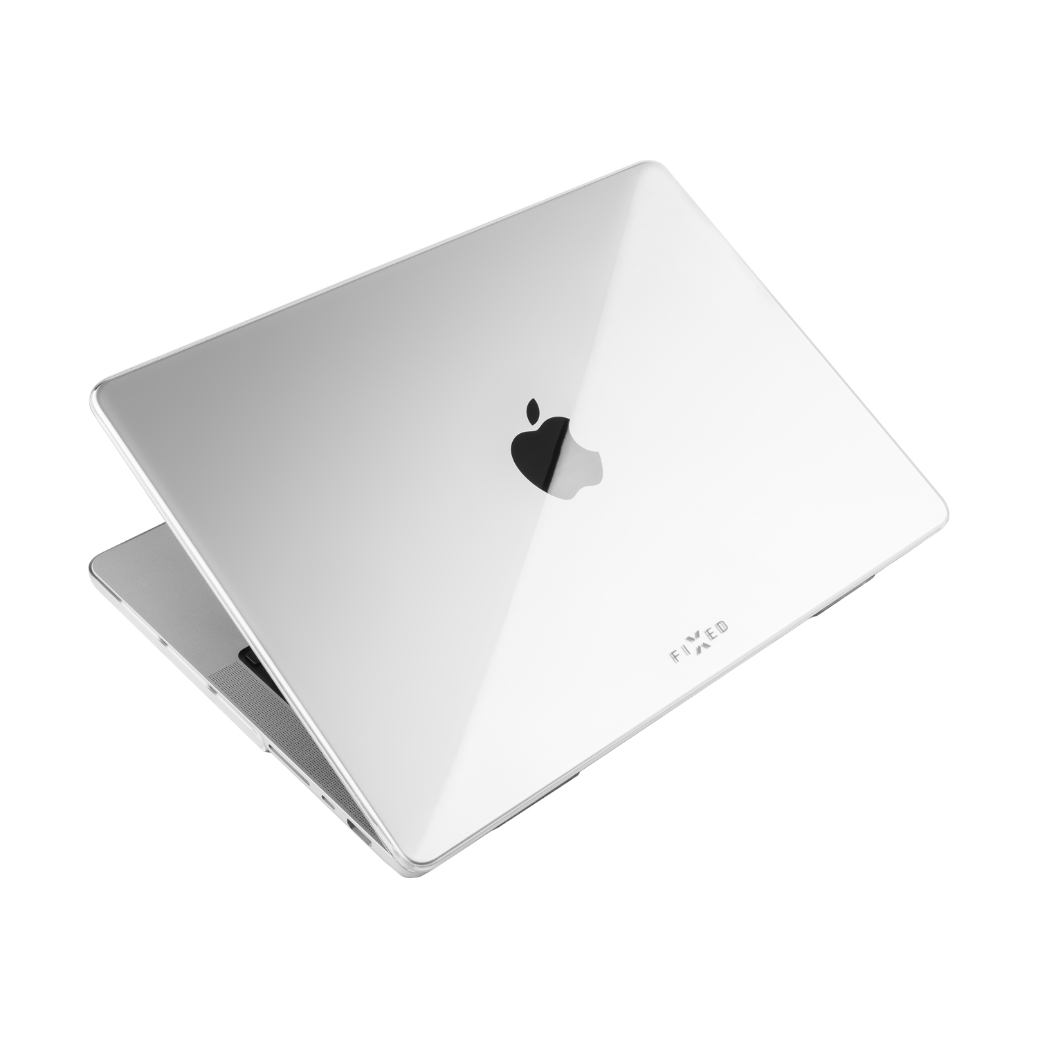 Ein weißer Laptop mit schwarzem Apple-Logo. Der Laptop ist leicht geöffnet und zeigt die Tastatur. Der Hintergrund ist weiß.