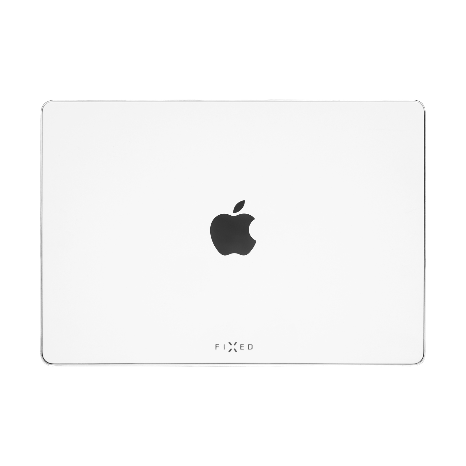 Ein weißer Laptop mit einem schwarzen Apple-Logo und dem Wort FIXED darunter auf weißem Hintergrund.