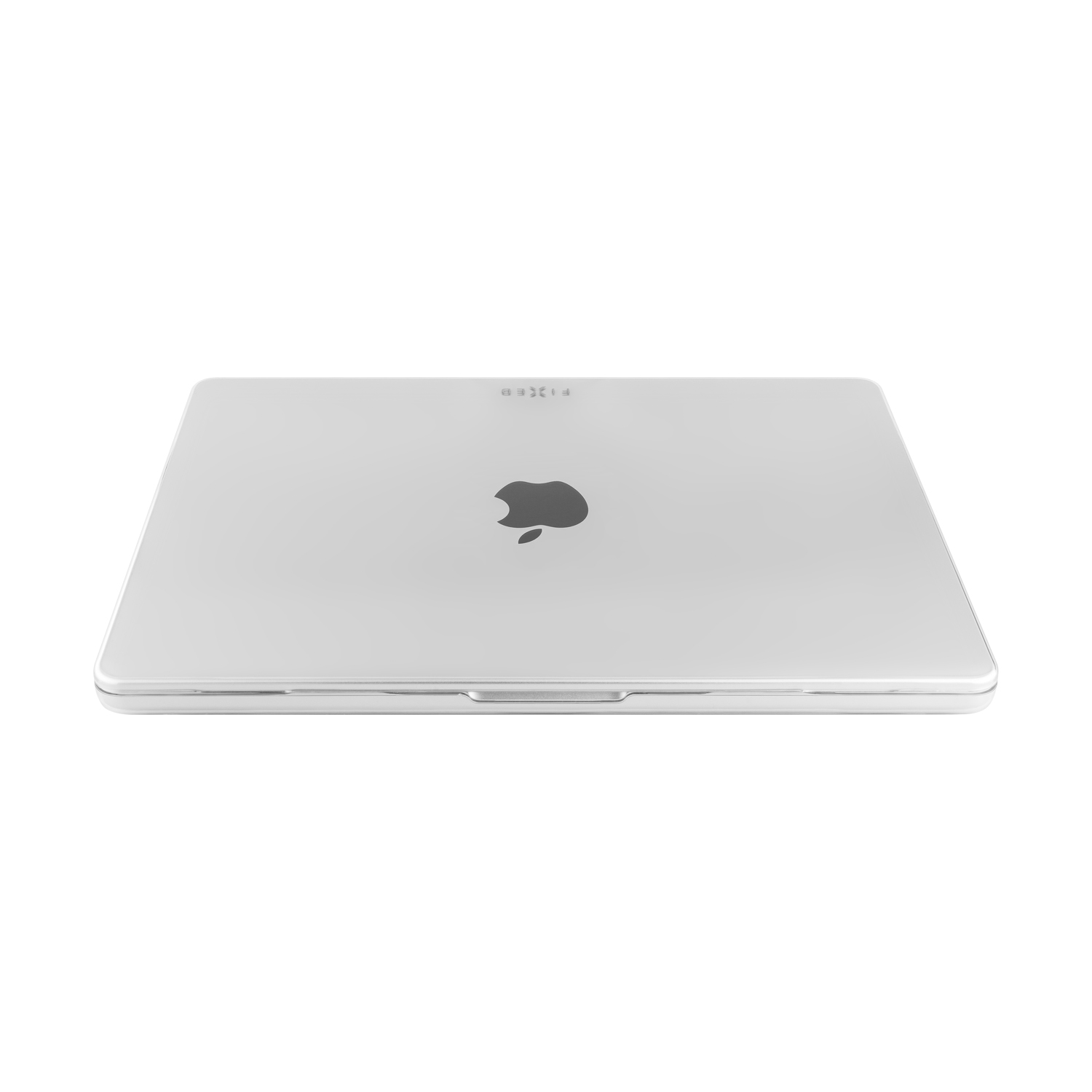 Ein geschlossener silberner Laptop mit schwarzem Apple-Logo auf weißem Hintergrund. Der Markenname ist sichtbar.
