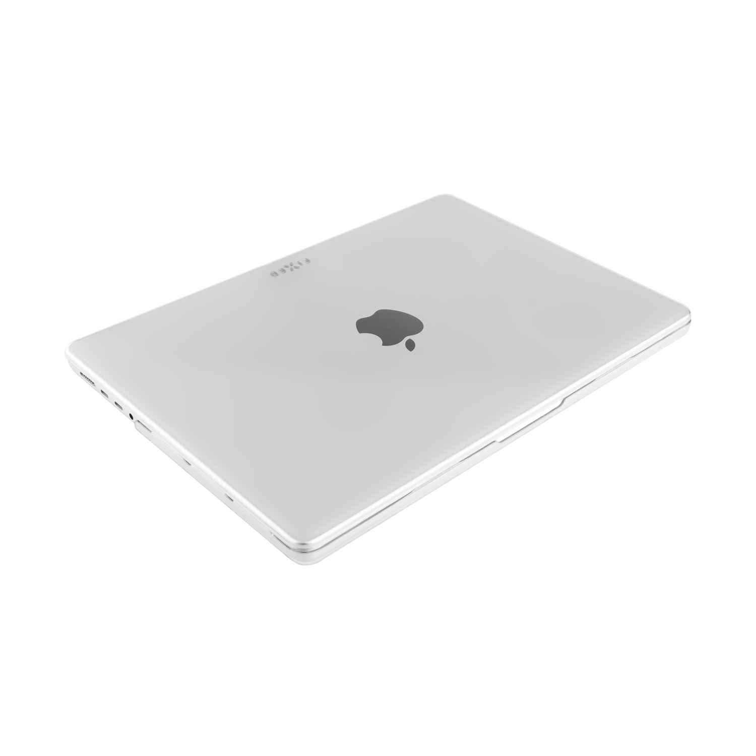 Ein silberner Laptop mit schwarzem Apple-Logo auf weißem Hintergrund. Das Wort FIXED ist sichtbar.