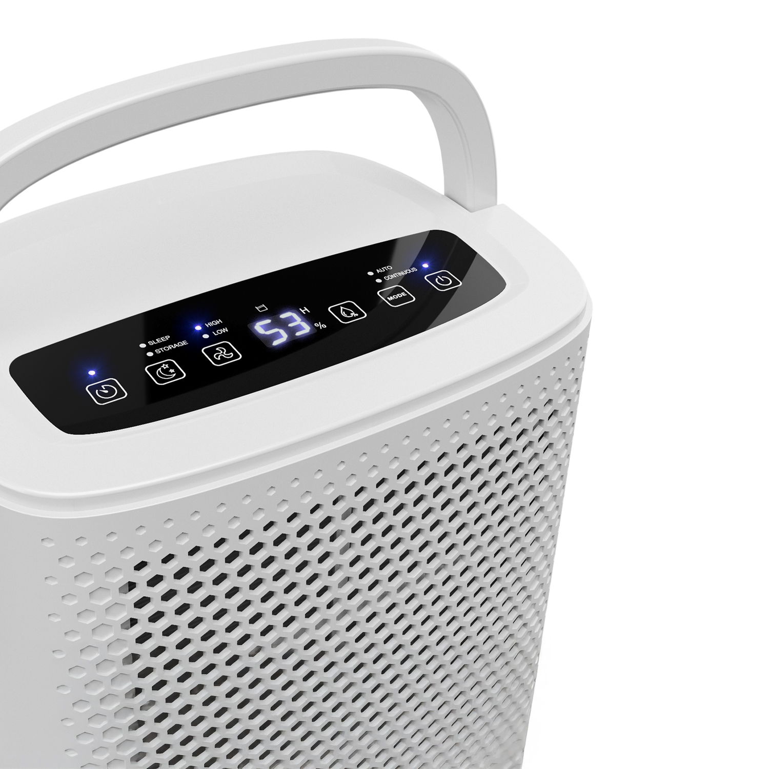 Weißer Luftreiniger mit Griff, Display mit 53% und Bedienelementen. Perforierter Körper für Lufteinlass.