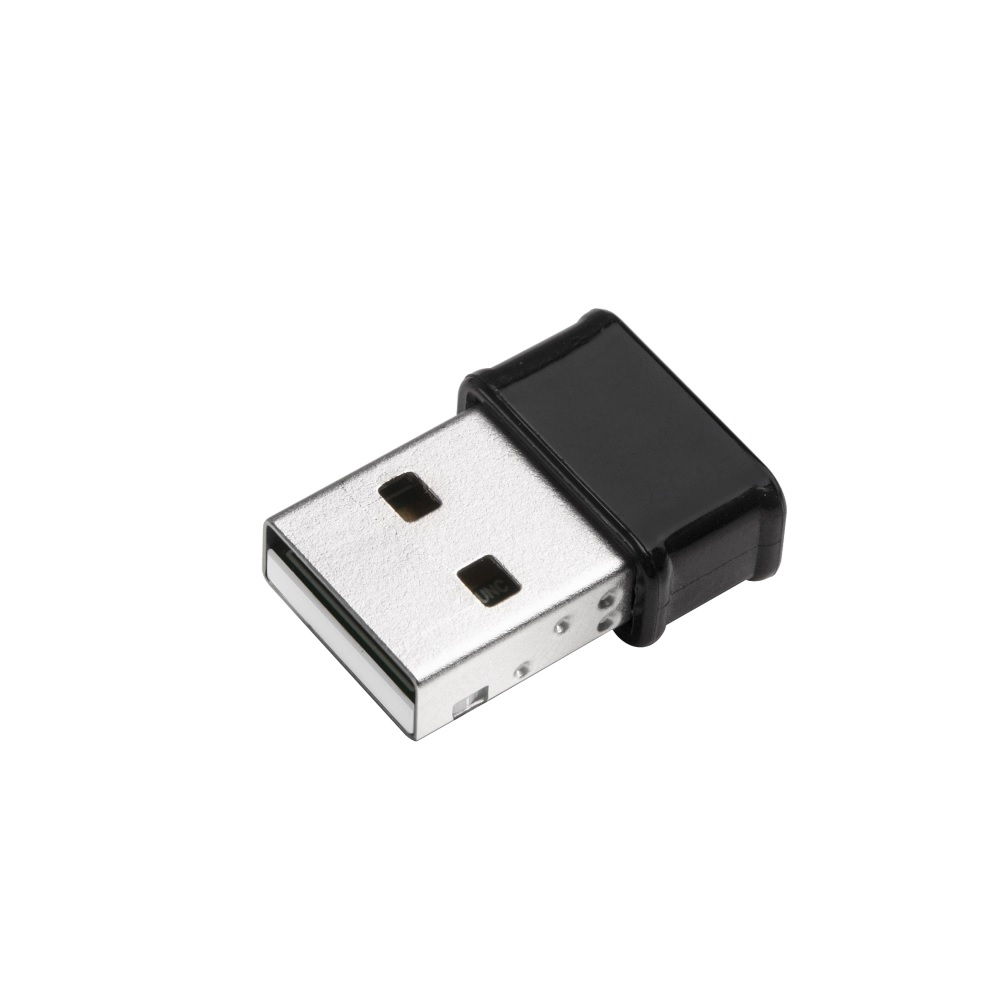 A USB dongle with a silver USB connector and a black plastic housing is isolated on a white background.