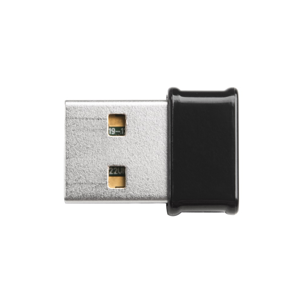 A close-up shot of a USB receiver. It has a silver metal connector and a black plastic body. The background is white.