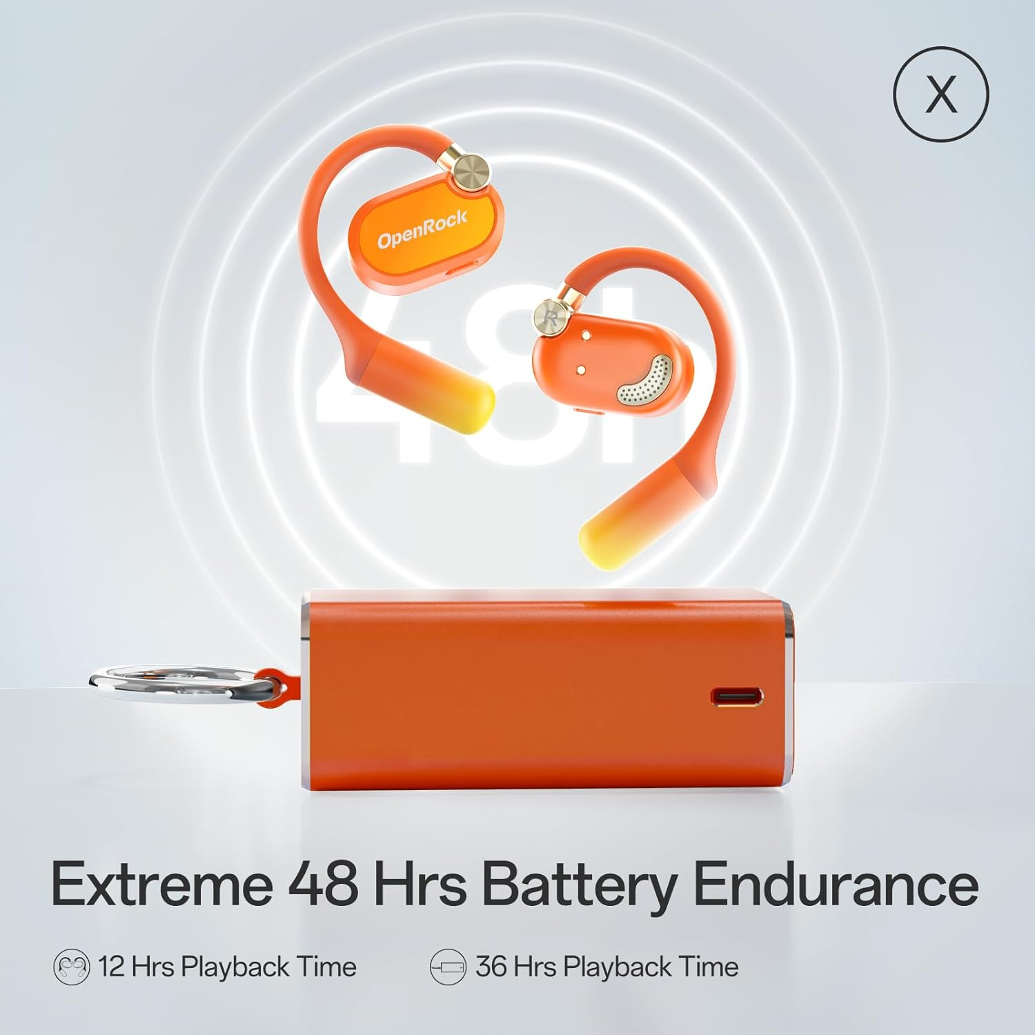 Orange OpenRock earbuds, charging case, and text: Extreme 48 Hrs Battery Endurance. 12 Hrs Playback Time, 36 Hrs Playback Time.