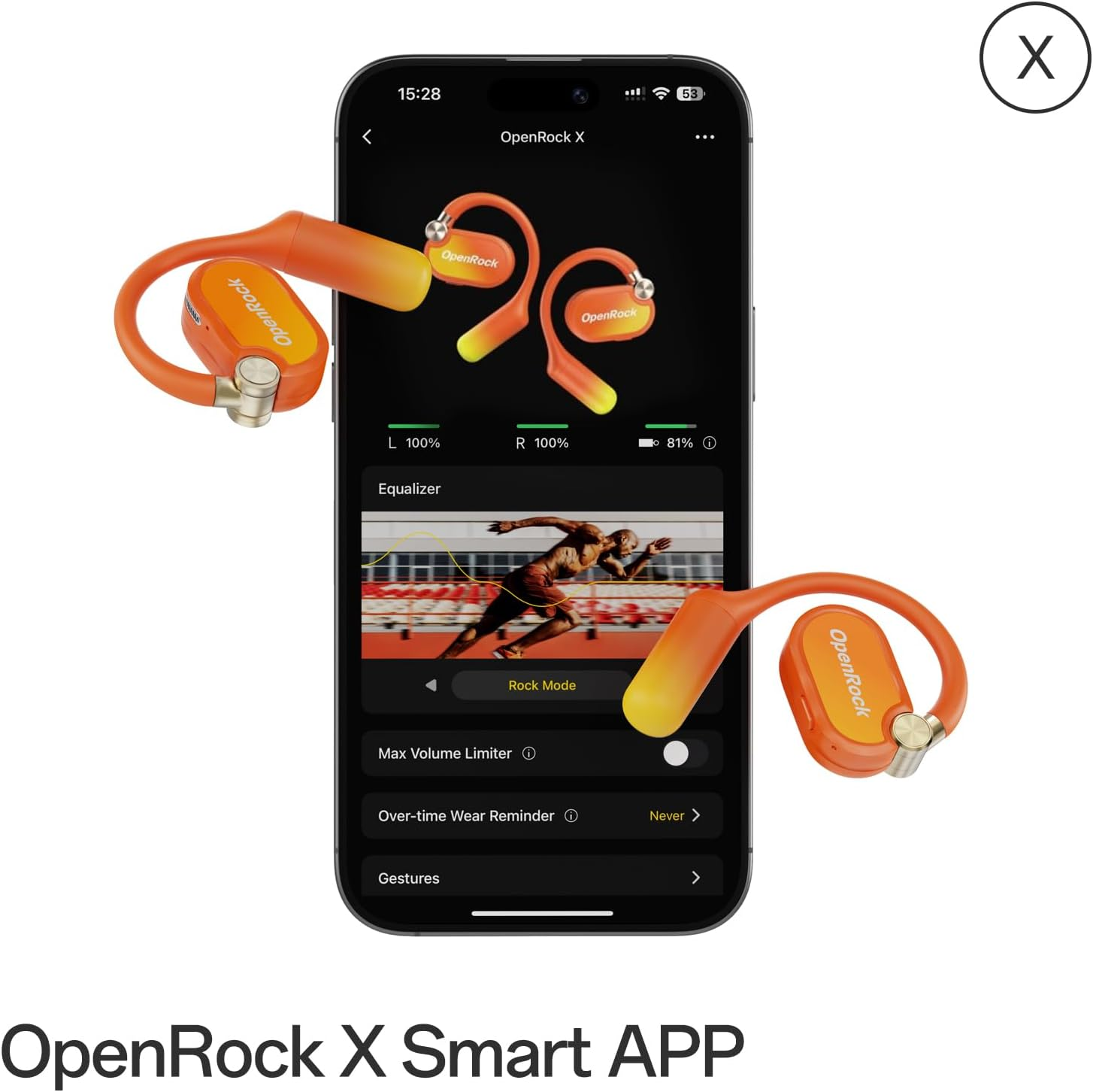 Orange OpenRock earbuds displayed with a phone showing the app interface. The screen shows battery and equalizer options.