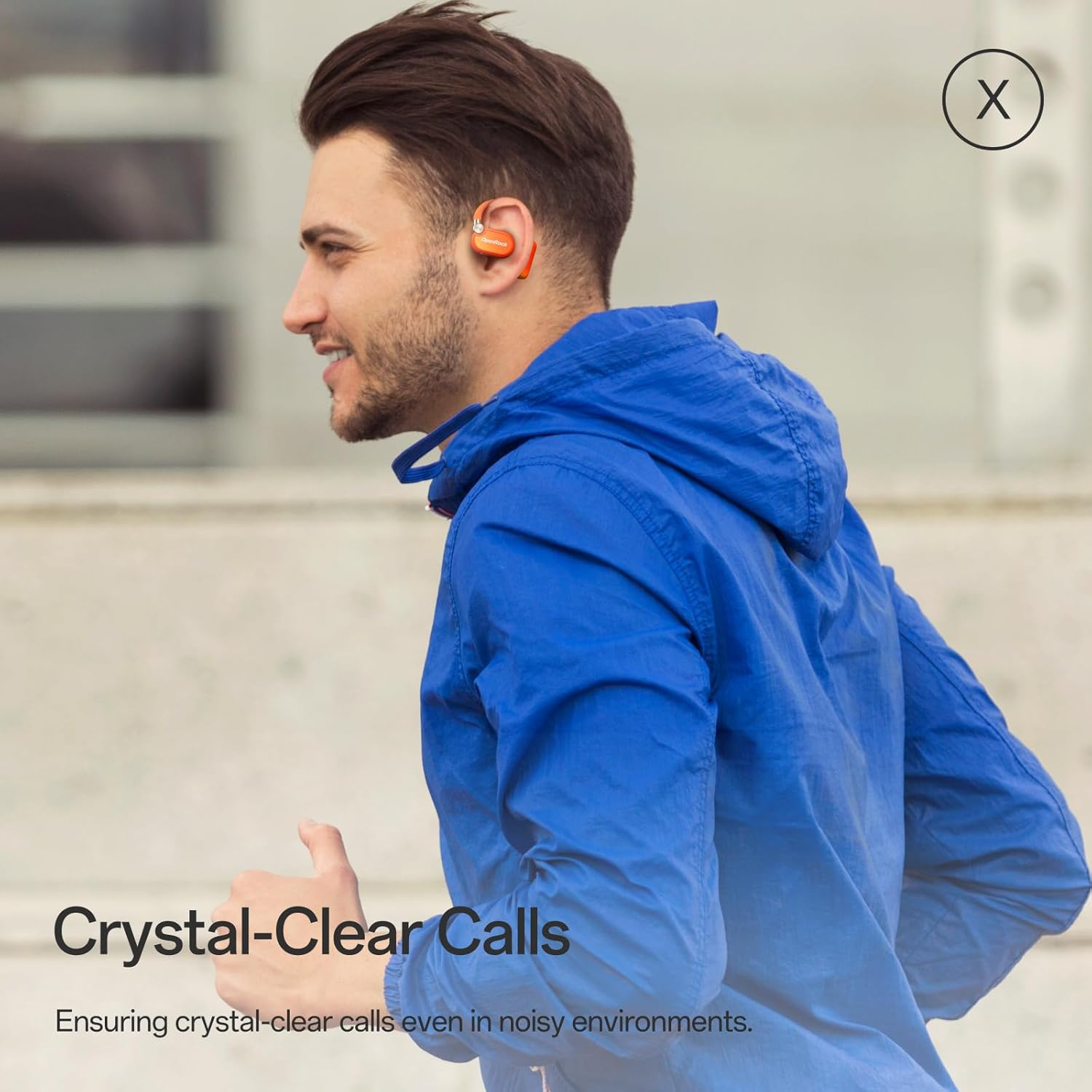 A man wearing orange earbuds and a blue jacket. He is running, smiling. Text reads "Crystal-Clear Calls".