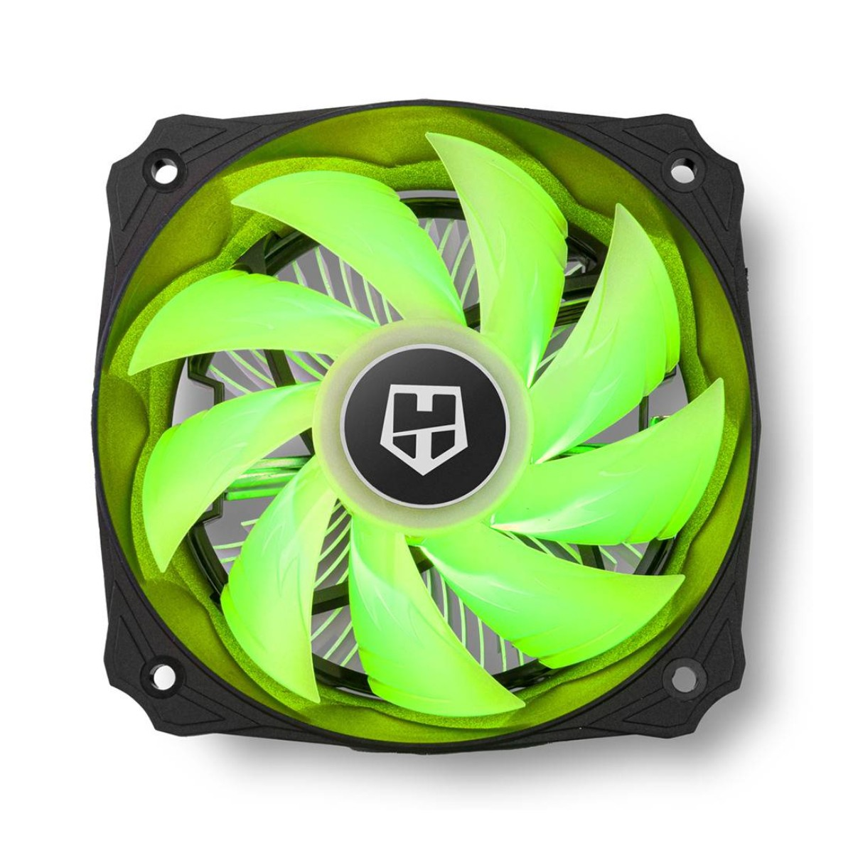 Wentylator komputerowy z zielonymi łopatkami i czarną ramą. Na środku znajduje się logo na czarno-białym okręgu.