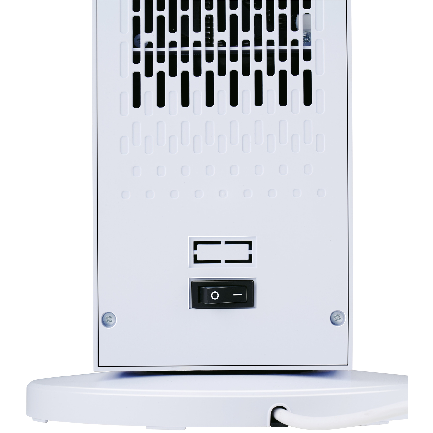 Achterkant van een witte elektrische kachel met schakelaar, ventilatieopeningen en voet. Netsnoer zichtbaar.