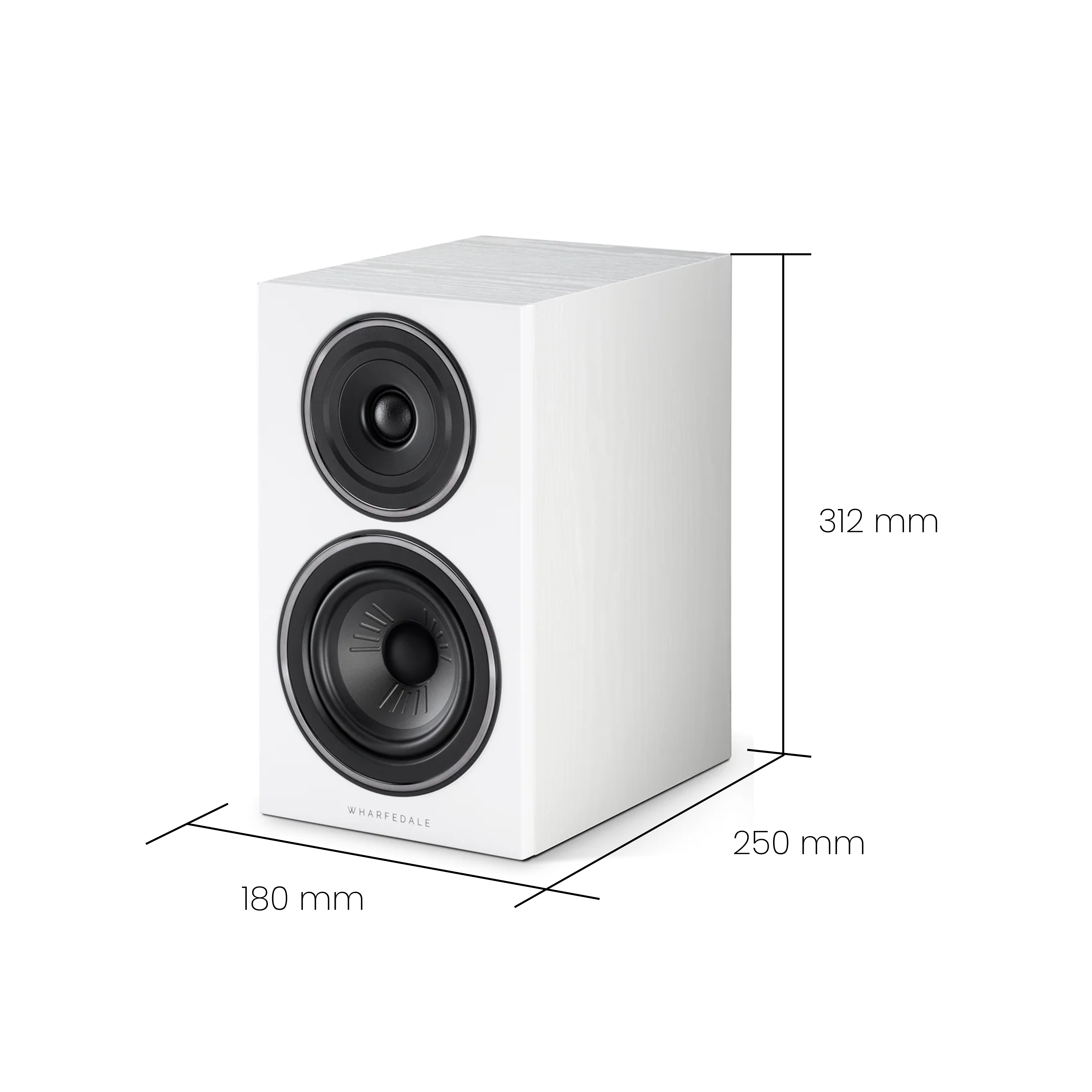 Een witte luidspreker met zwarte luidsprekers is te zien. Afmetingen: 312 mm hoog, 250 mm breed en 180 mm diep. Het merk is Wharfedale.
