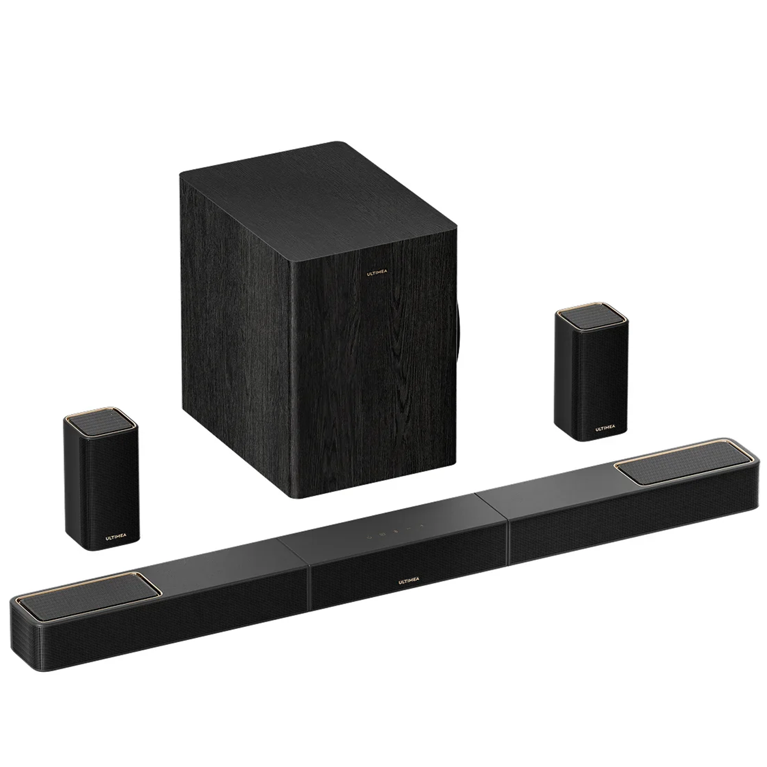 A black sound system with a subwoofer, soundbar, and two satellite speakers. All units have gold accents and the brand name 'ULTIMEA'.