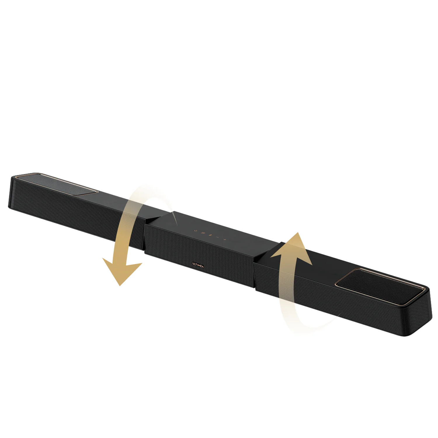 A black soundbar with gold accents. Arrows indicate sections rotating. The soundbar is on a white background.