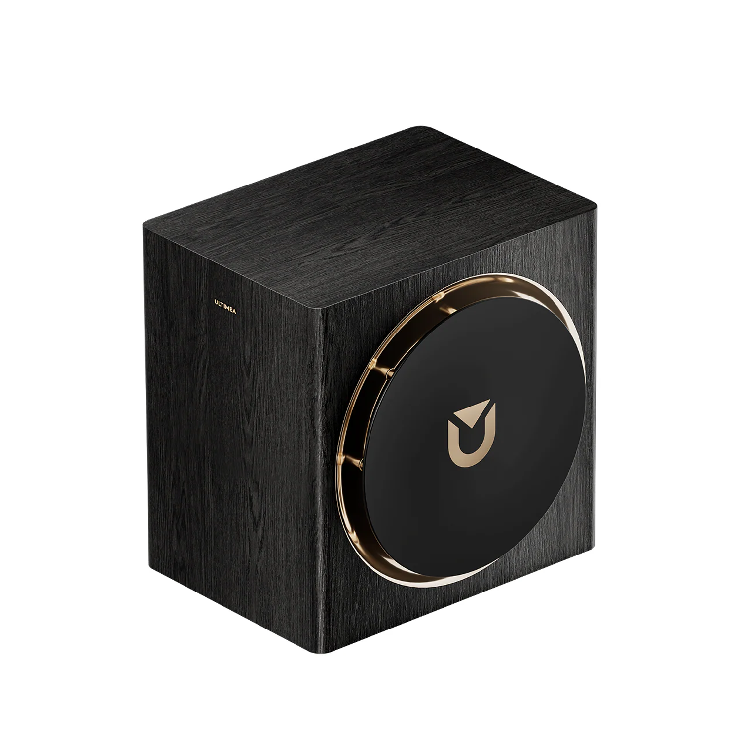 A black subwoofer with a wood grain texture. It has a gold-colored ring around the front and a black center with a gold logo.