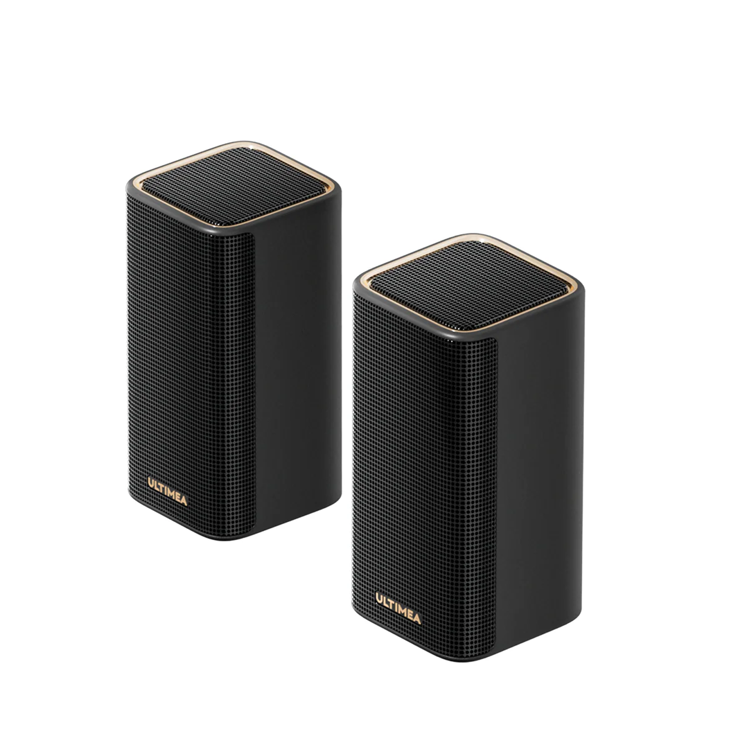 Two black speakers with mesh fronts and gold trim. The word 'ULTIMEA' is on the front of each speaker.