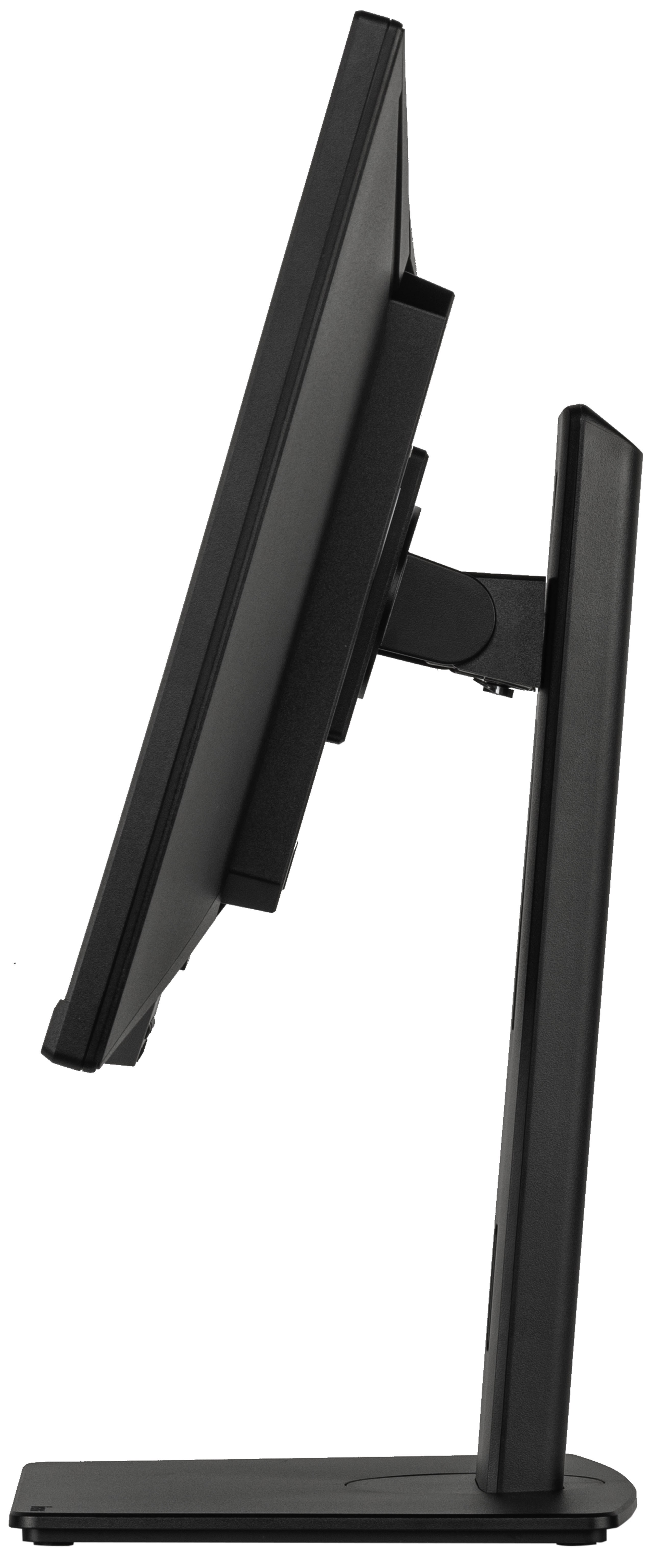 Widok z boku czarnego monitora komputera. Ekran jest ustawiony pod kątem. Jest przymocowany do podstawki. Białe tło.