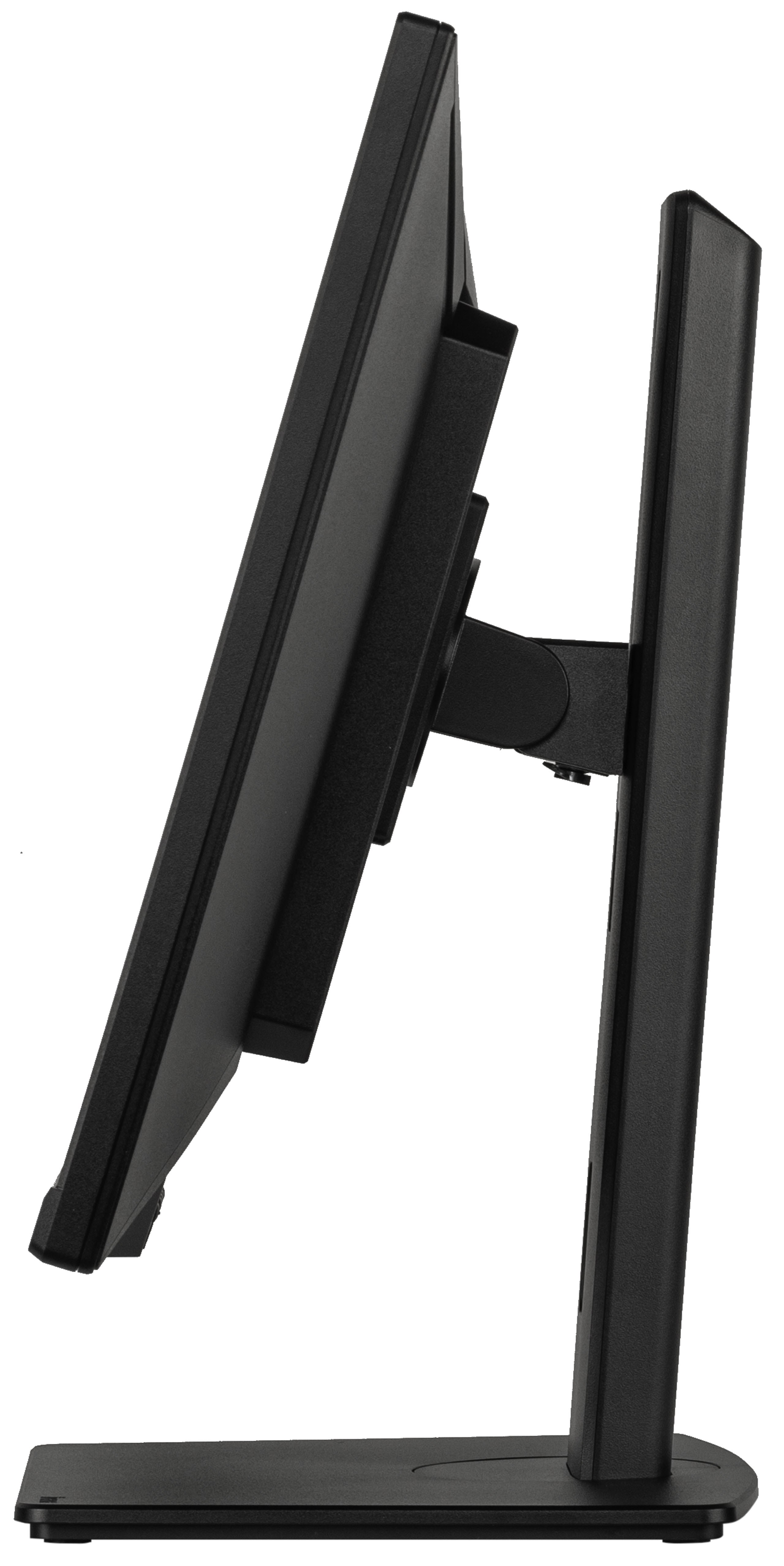 Czarny monitor komputera, pod kątem, na stojaku. Ekran jest ciemny. Stojak jest czarny i pionowy.