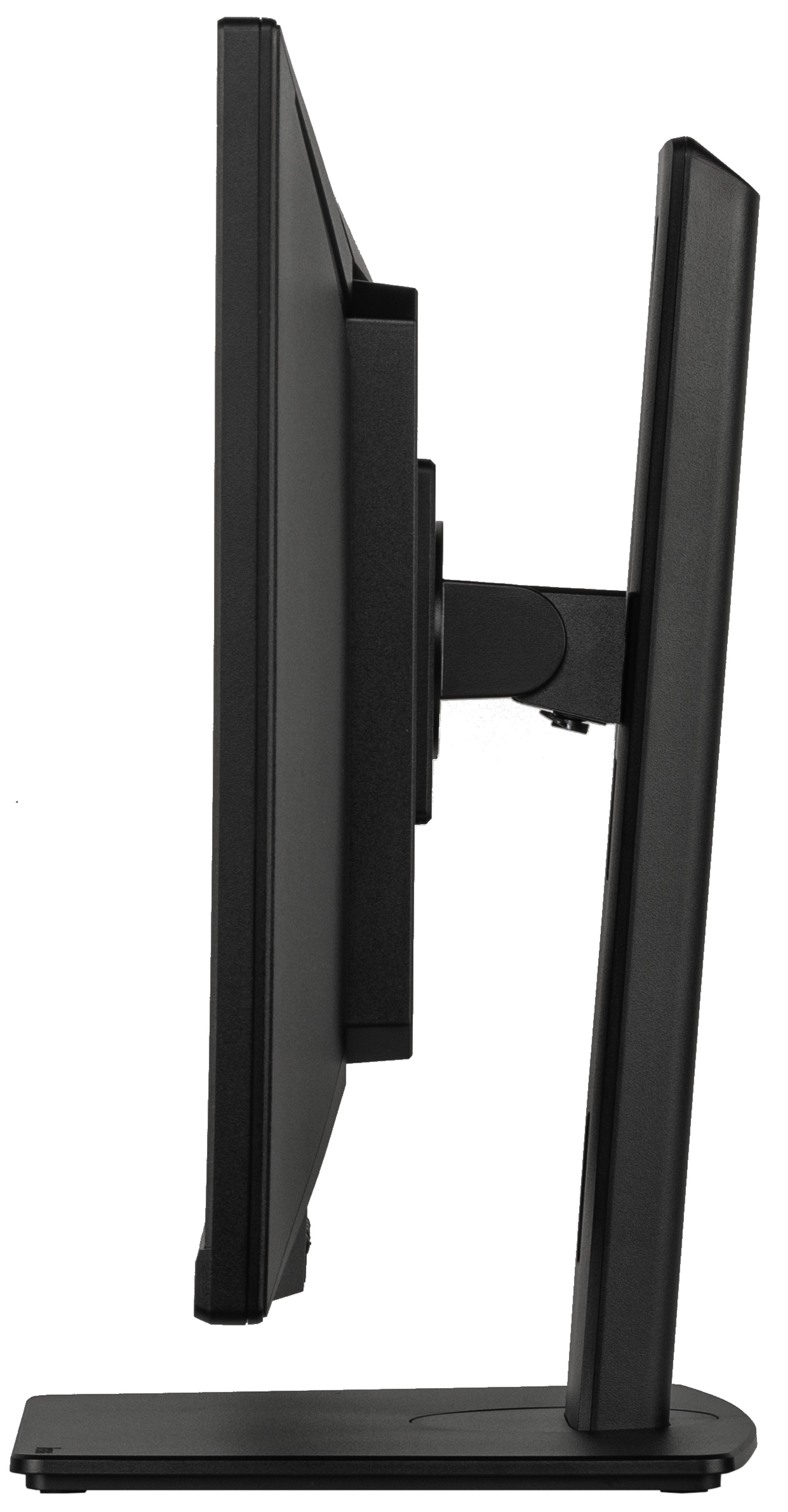 Widok z boku czarnego monitora komputera. Ekran jest po lewej, połączony z podstawką po prawej. Białe tło.