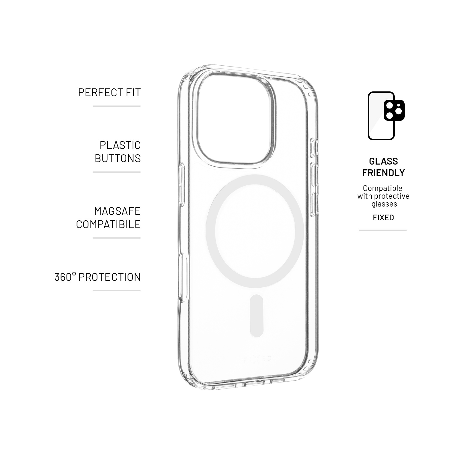 Transparente Handyhülle auf weißem Hintergrund, mit Text: perfekte Passform, Kunststofftasten, Magsafe-kompatibel, 360° Schutz, glasfreundlich.