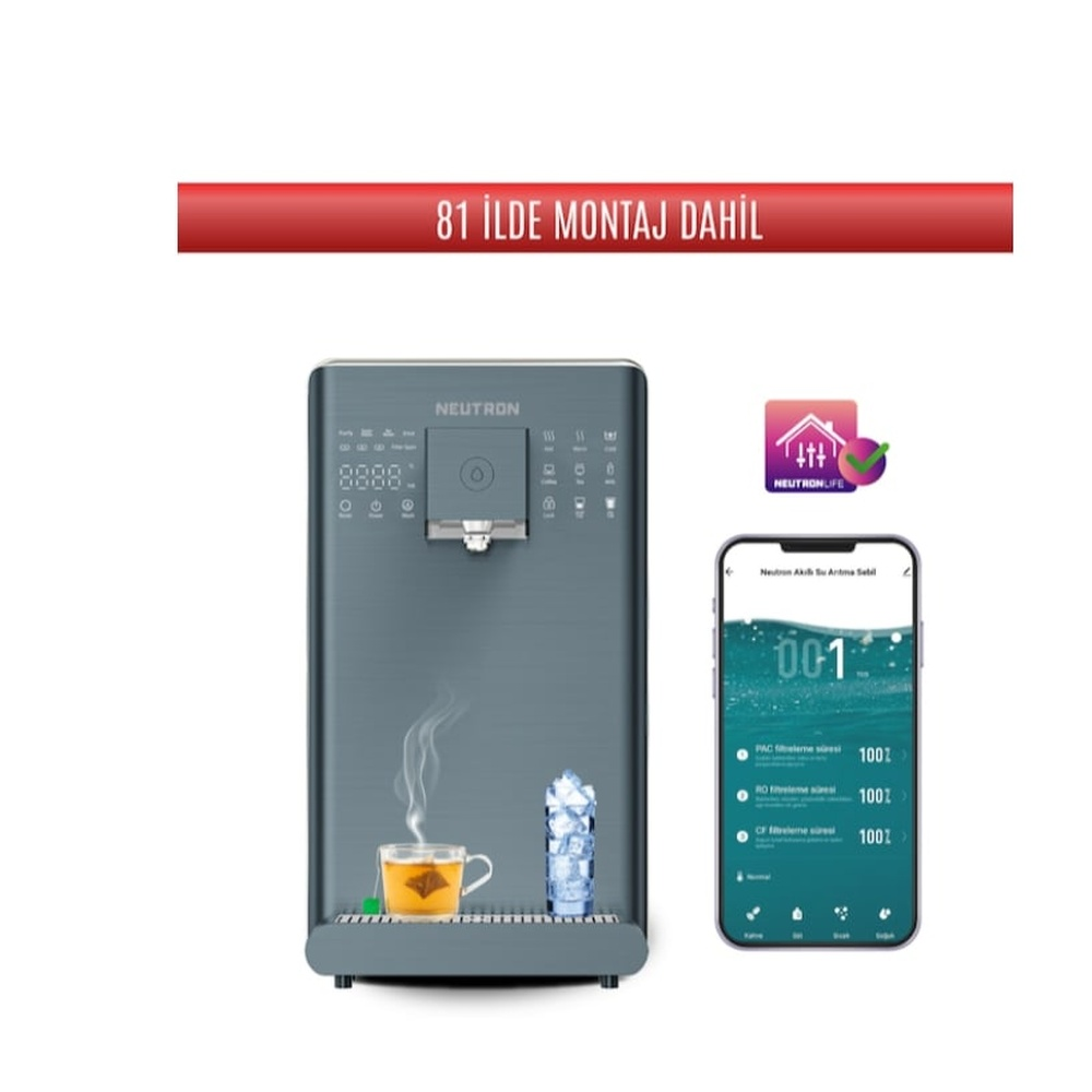 Bir bardak çay ve bir bardak buz ile gri bir su sebili. Bir telefon su filtresi bilgilerini gösteriyor. Metin: '81 İLDE MONTAJ DAHİL'.