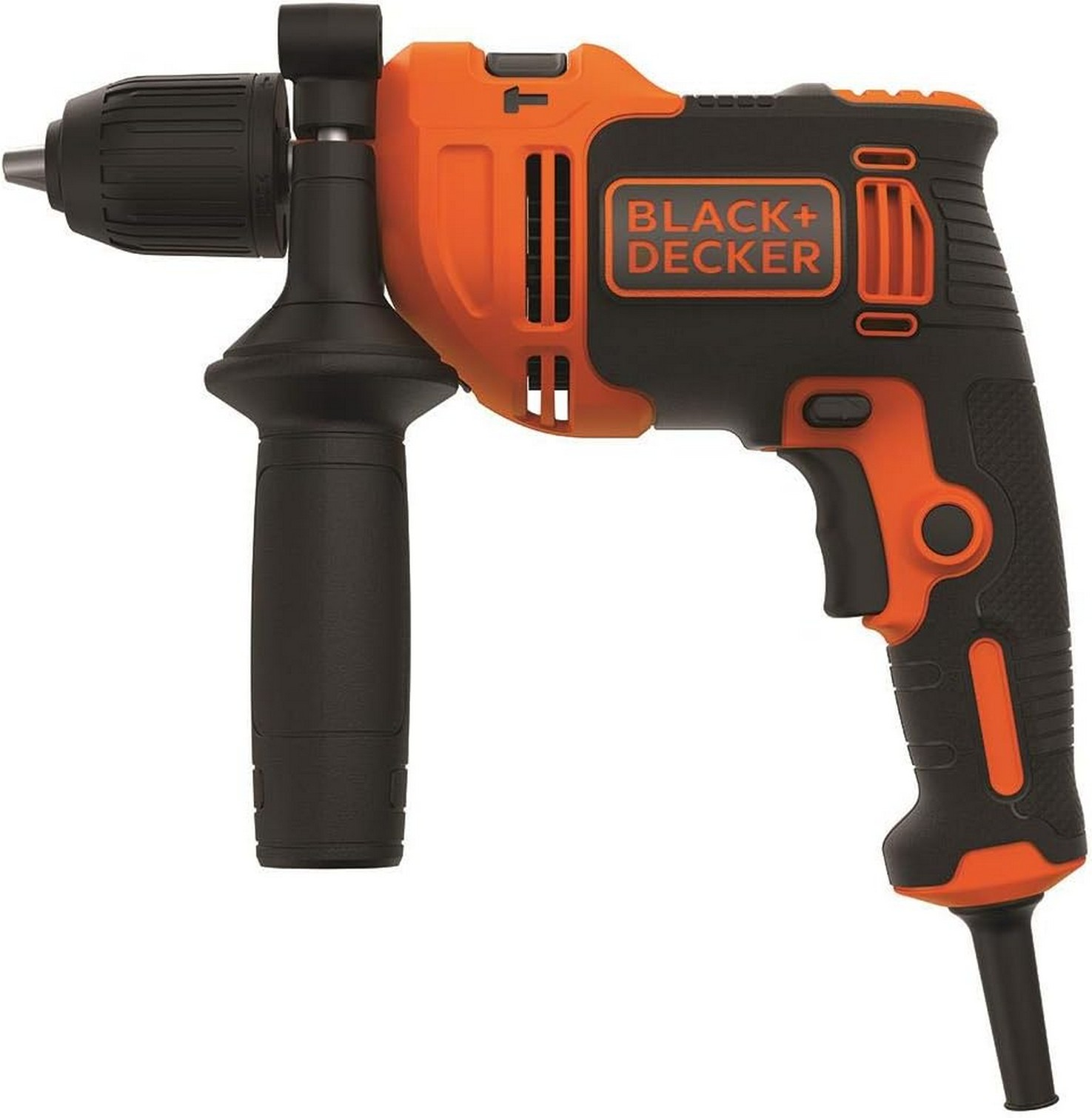Viene mostrato un trapano elettrico Black+Decker arancione e nero. Il trapano ha una maniglia, un grilletto e un mandrino.