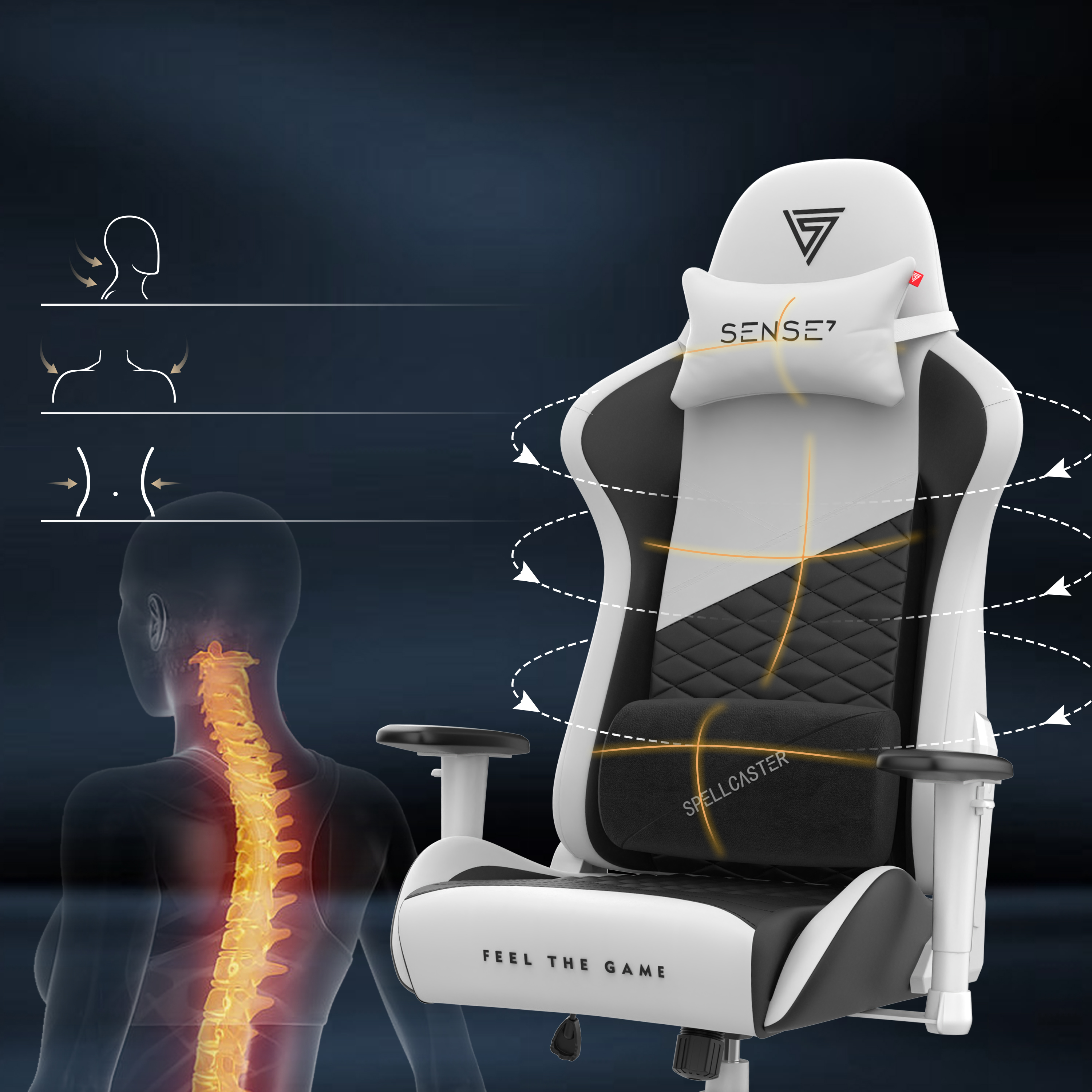 Gaming-Stuhl mit weißem und schwarzem Design. Zeigt Rückenlehne und Wirbelsäule. Hat 'SENSE7' und 'SPELLCASTER' drauf.