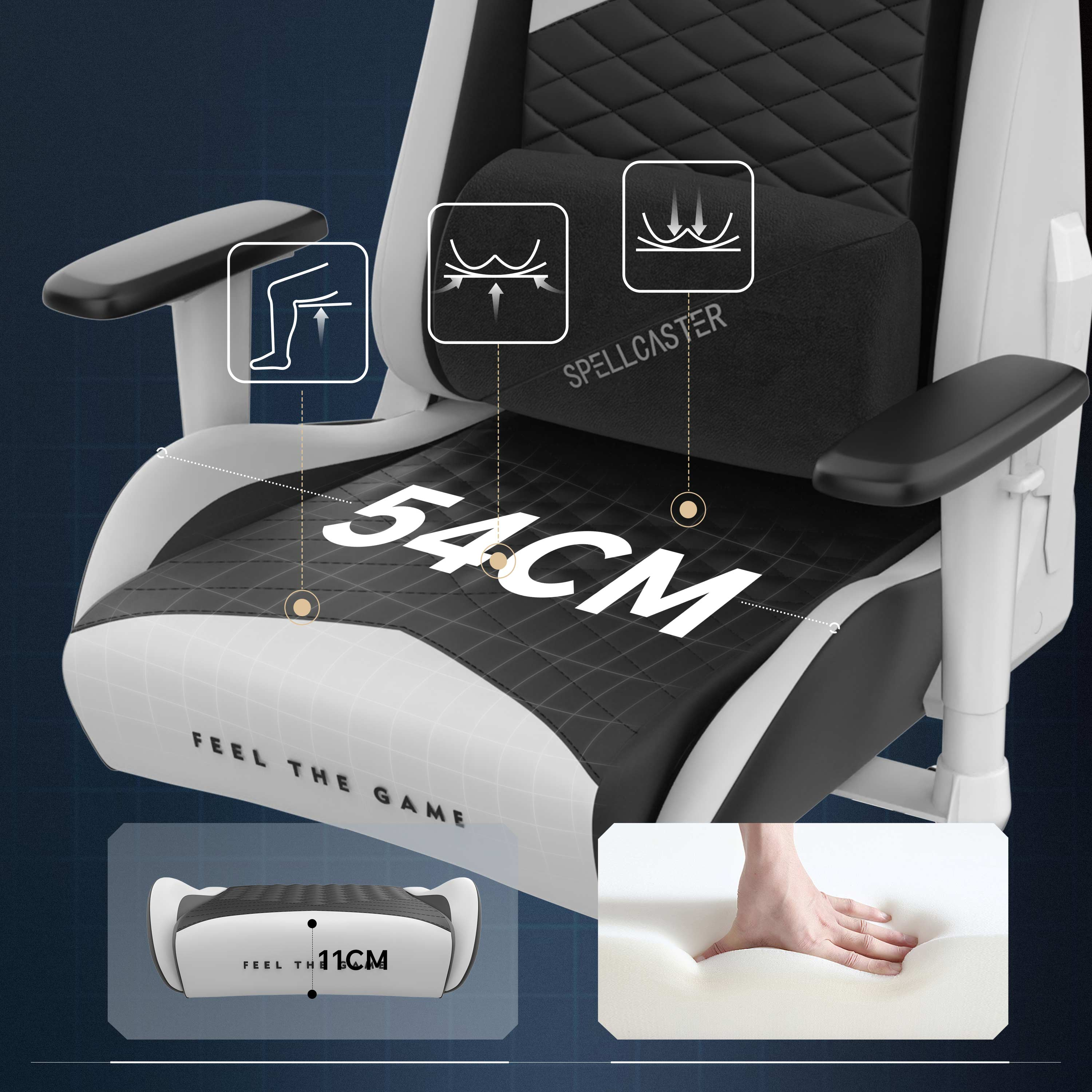 Ein Gaming-Stuhl mit schwarz-weißem Design. Zeigt Abmessungen und eine Hand, die auf Schaum drückt.