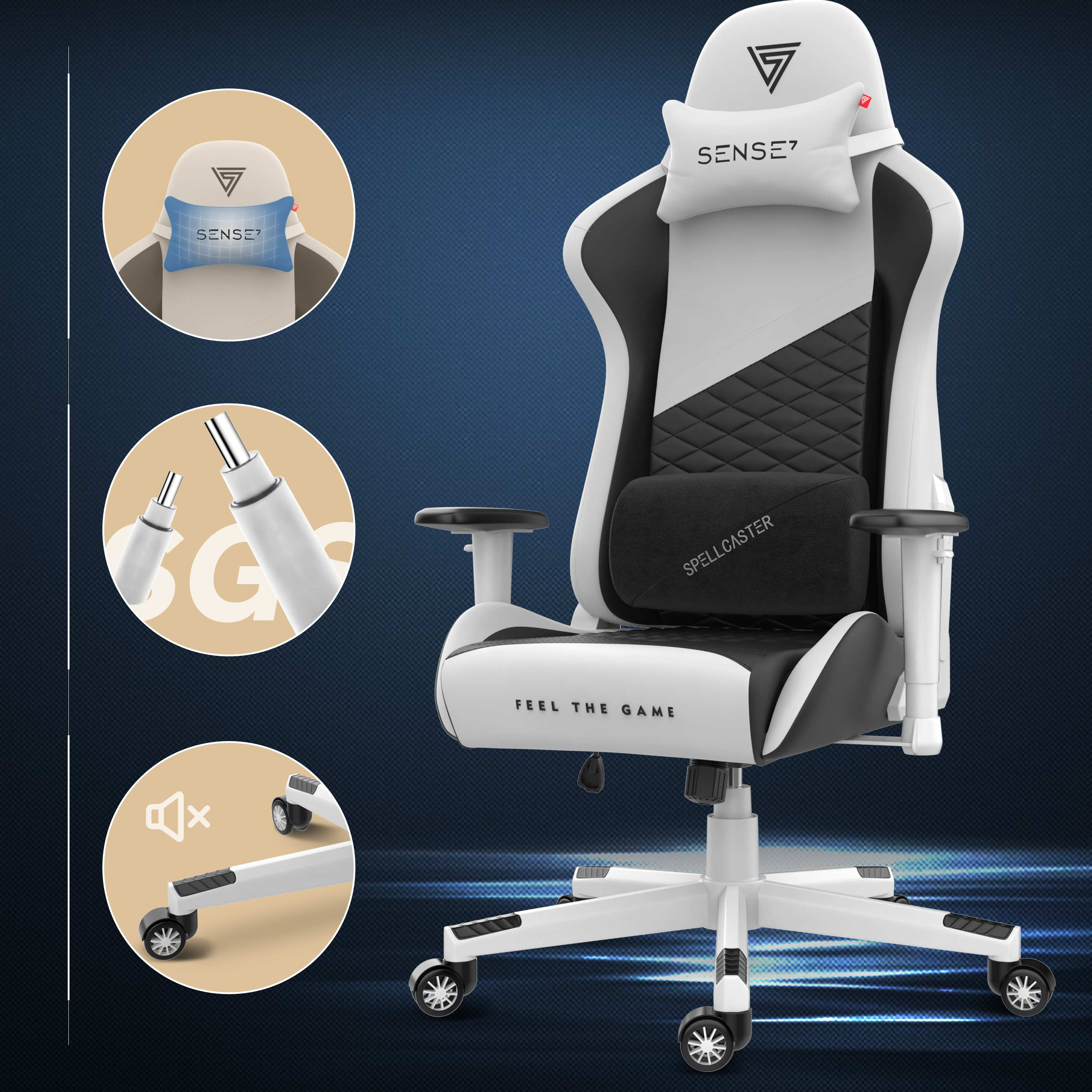 Gaming-Stuhl mit weißen und schwarzen Akzenten. Zu den Merkmalen gehören eine Kopfstütze, Lendenwirbelstütze und Räder. Der Stuhl hat den Text "FEEL THE GAME".