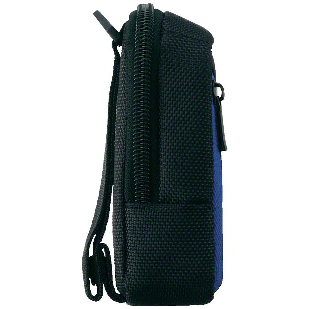 Eine schwarze Nylontasche mit Reißverschluss, Trageriemen und blauem Futter. Die Tasche ist rechteckig und hat einen Reißverschluss.