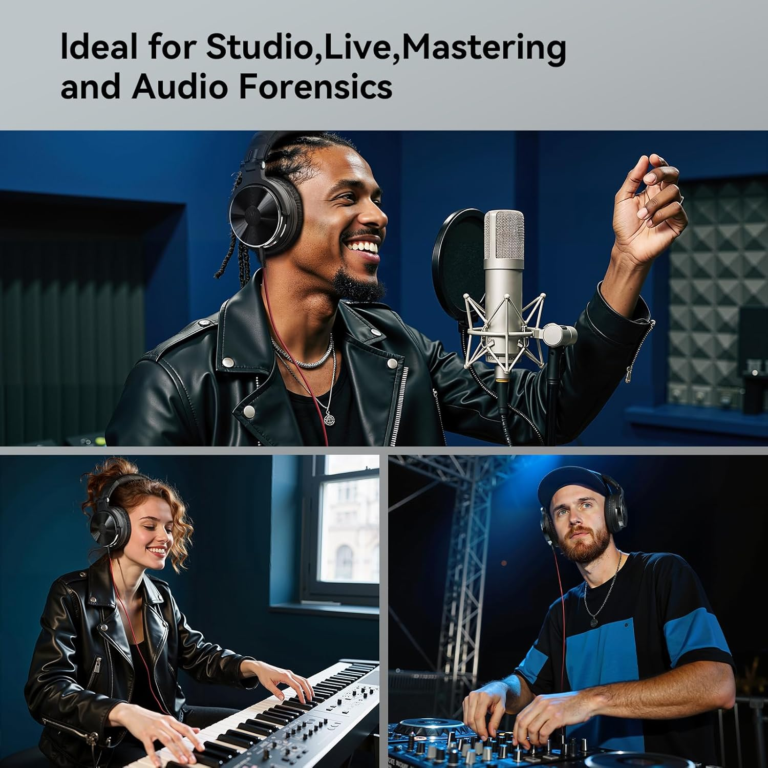 Drie mensen met een koptelefoon, in een studio, die een keyboard bespelen en DJ'en. Bovenin een man met een microfoon.