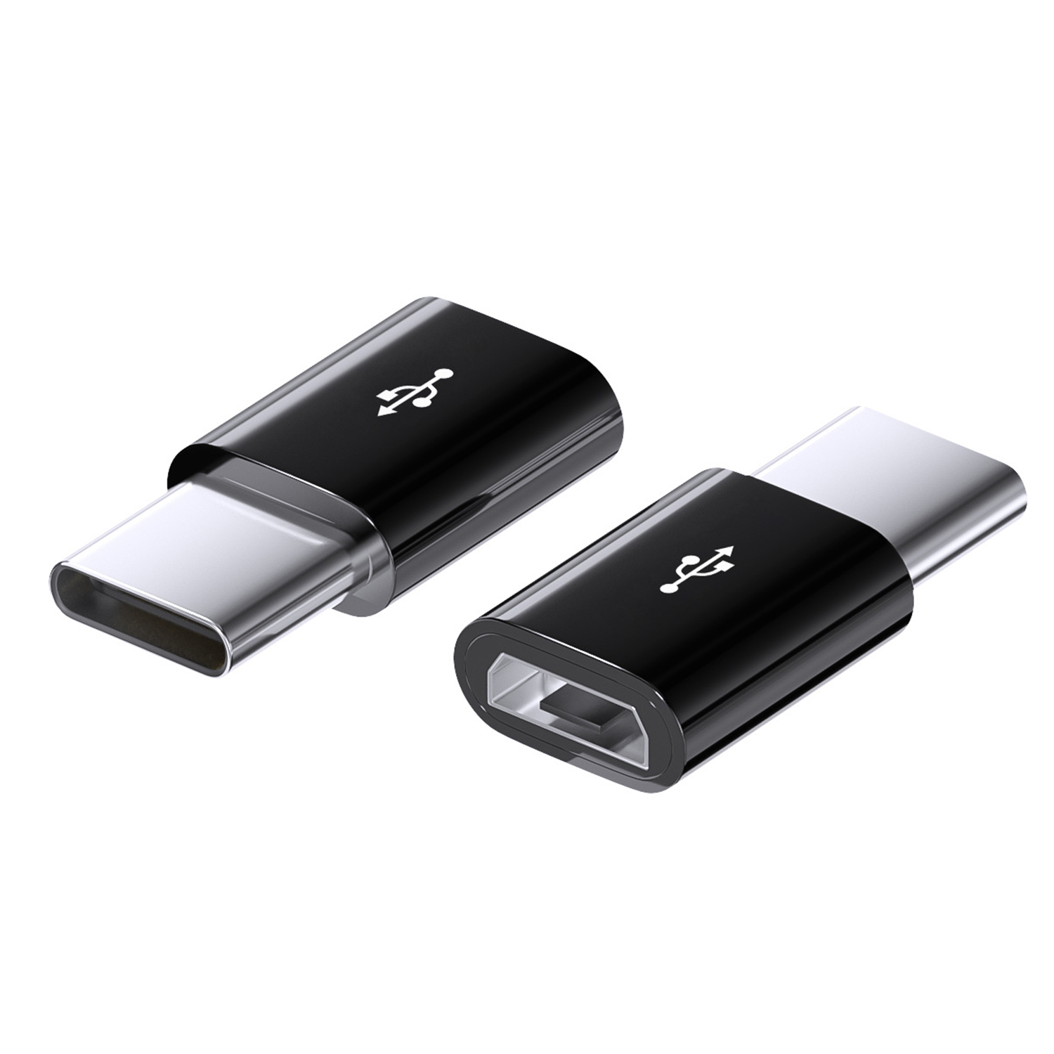 Zwei schwarze USB-Adapter. Einer ist ein USB-C-auf-USB-A-Adapter, der andere ist ein USB-C. Beide haben das USB-Symbol.