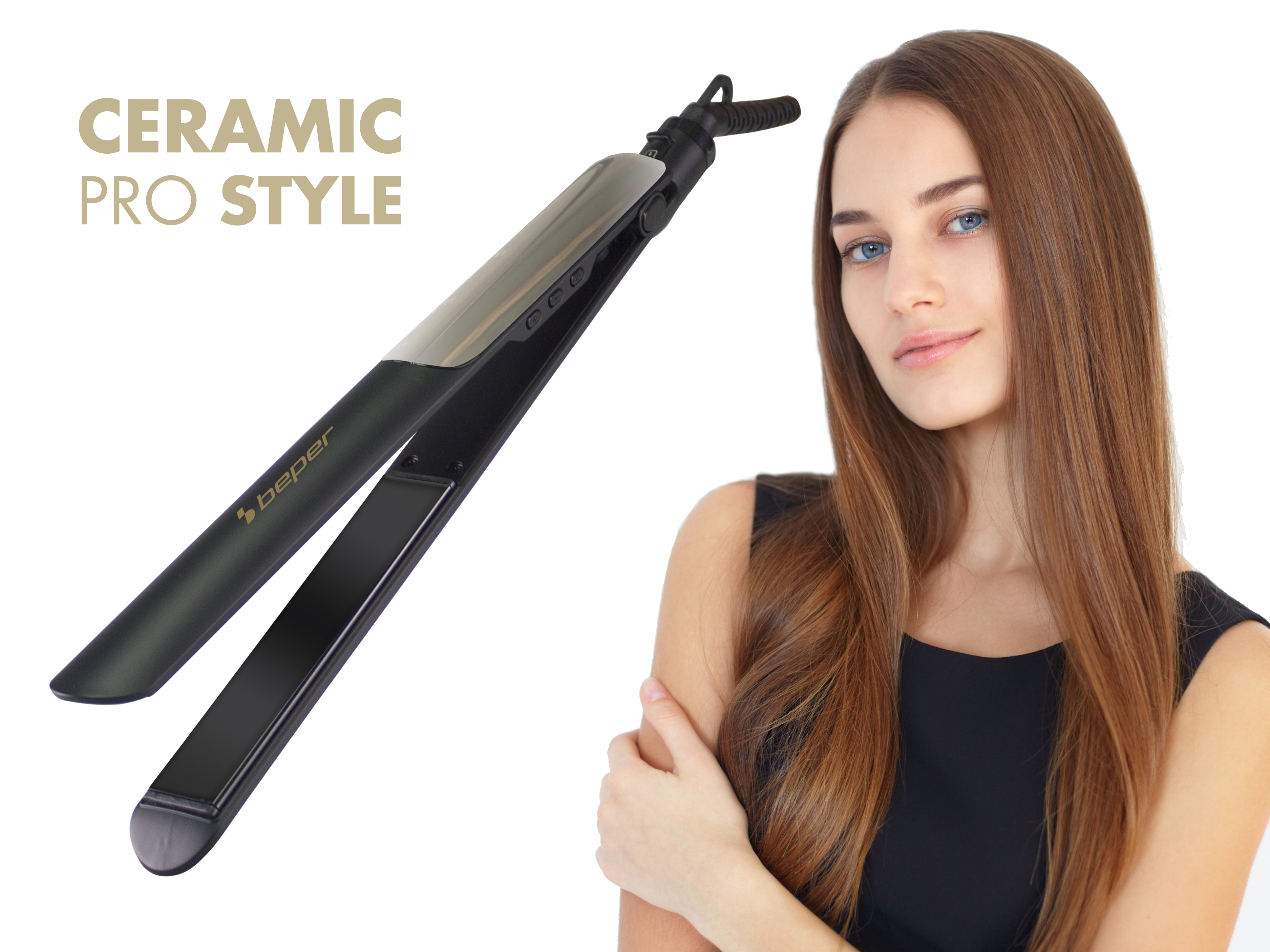 Una donna con lunghi capelli castani e occhi blu, che tiene in mano una piastra nera. Testo Ceramic Pro Style.