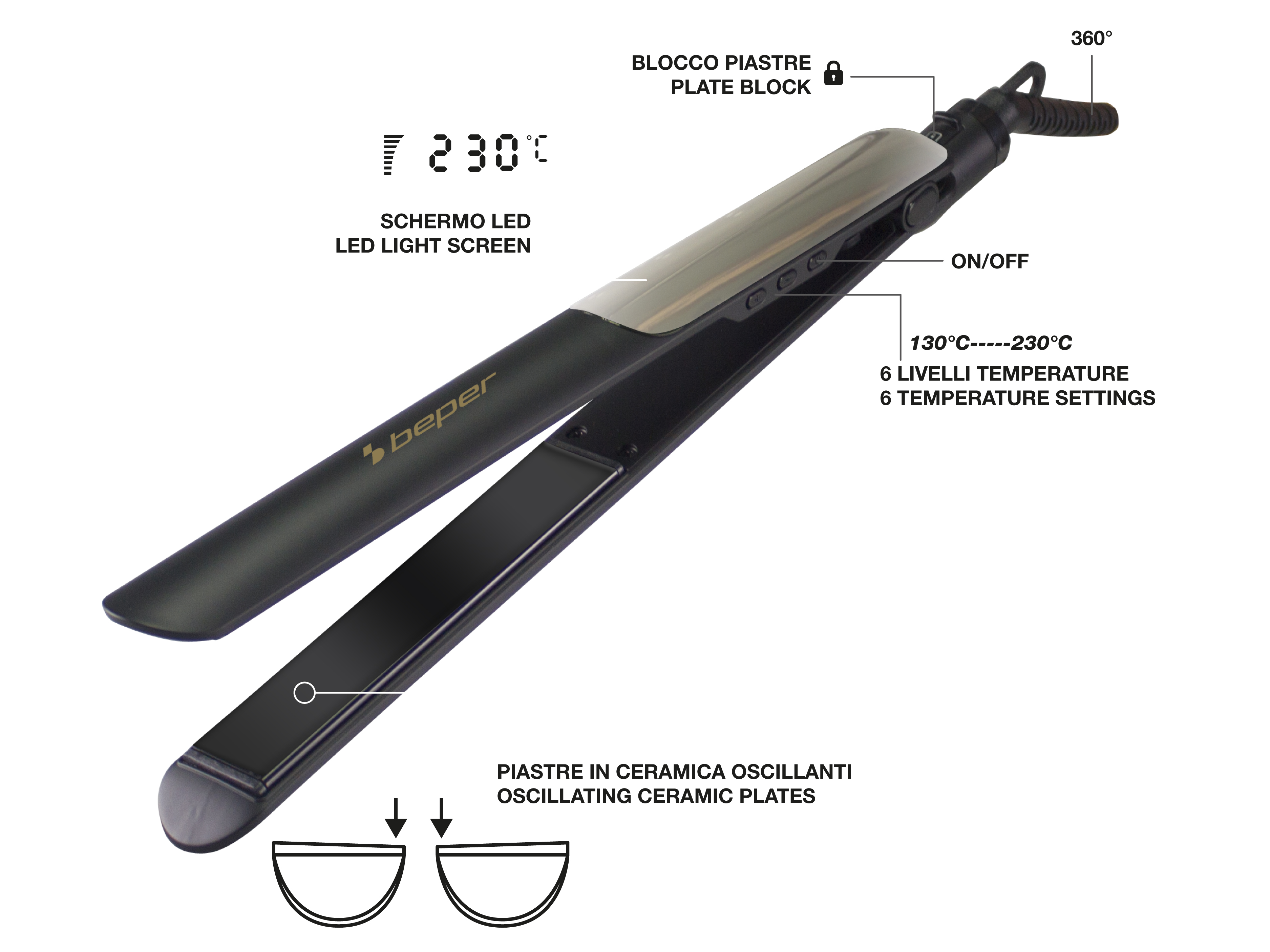 Piastra per capelli con schermo LED che mostra 230°C. Ha piastre in ceramica, pulsante on/off e 6 impostazioni di temperatura.