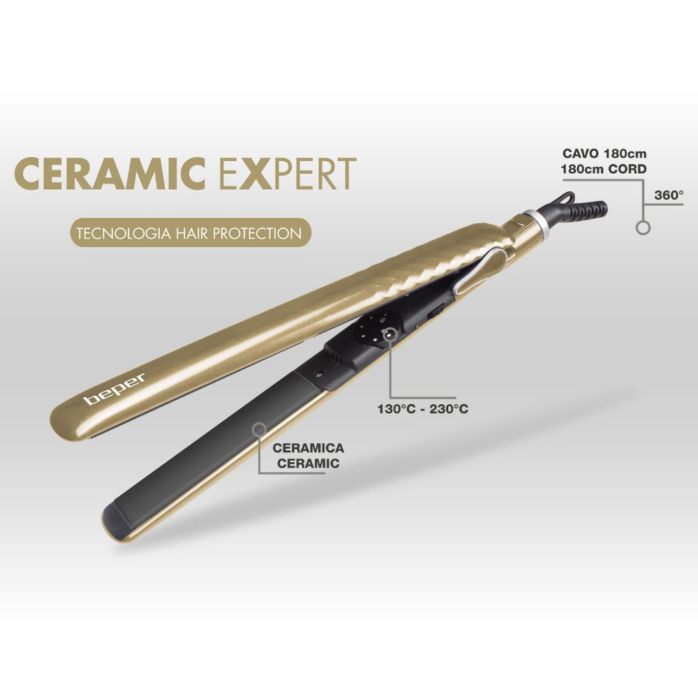 Una piastra per capelli oro e nera, etichettata 'CERAMIC EXPERT' da 'beper'. Include intervallo di temperatura e piastre in ceramica.