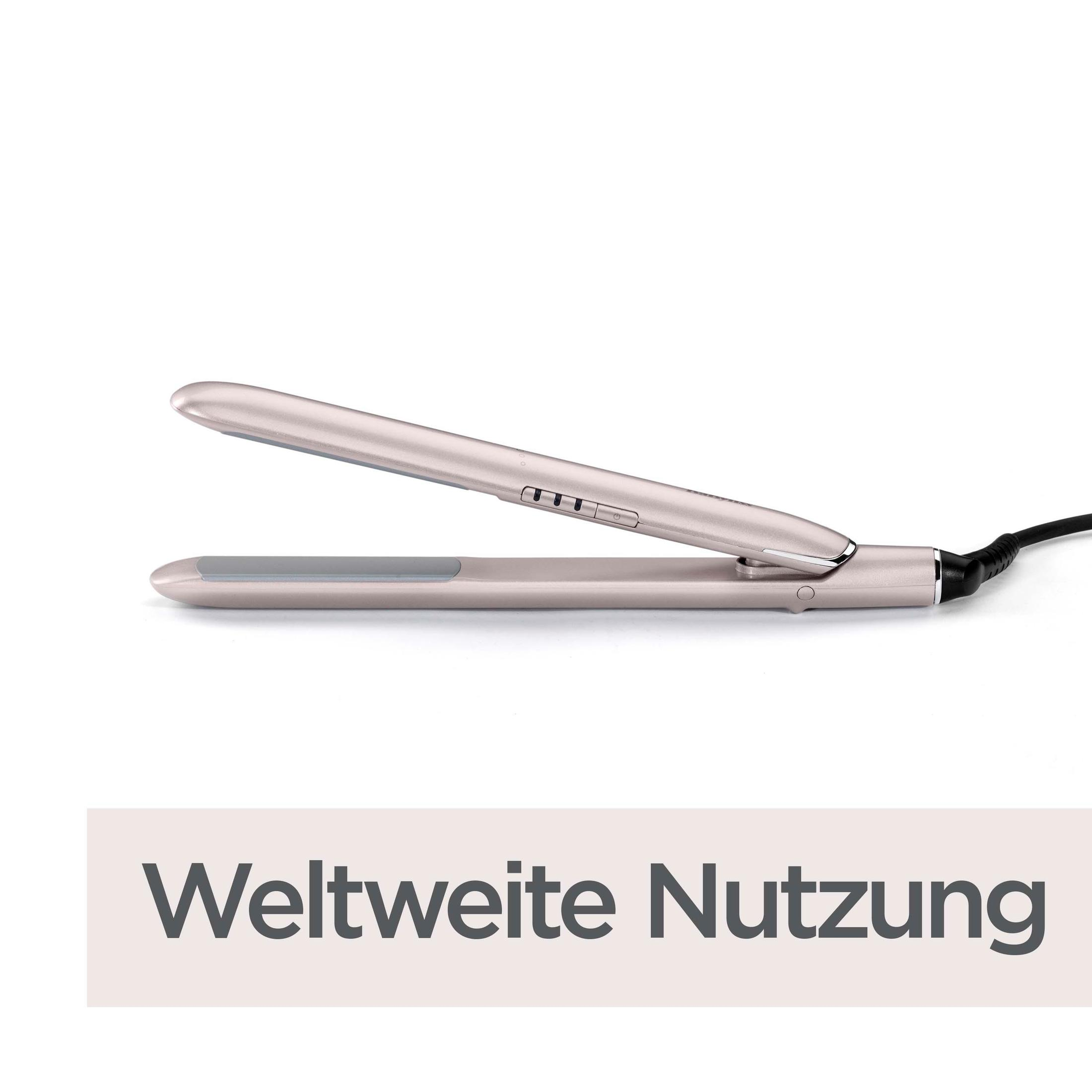 Piastra per capelli leggermente aperta su sfondo bianco. Testo 'Weltweite Nutzung' sotto.