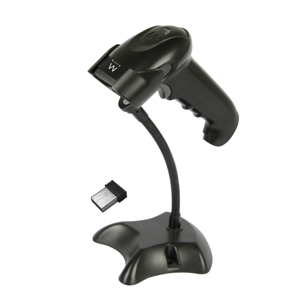Lettore di codici a barre nero su supporto con ricevitore USB. Lo scanner ha una maniglia e un collo flessibile. Sfondo bianco.