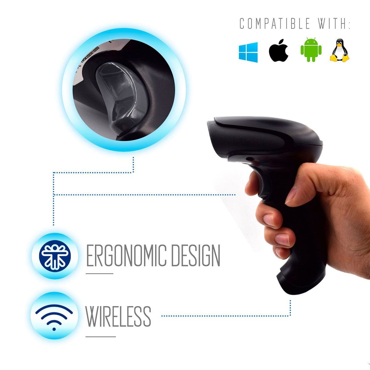 Uno scanner di codici a barre nero tenuto in mano. Sono presenti icone di compatibilità per Windows, Apple, Android e Linux.