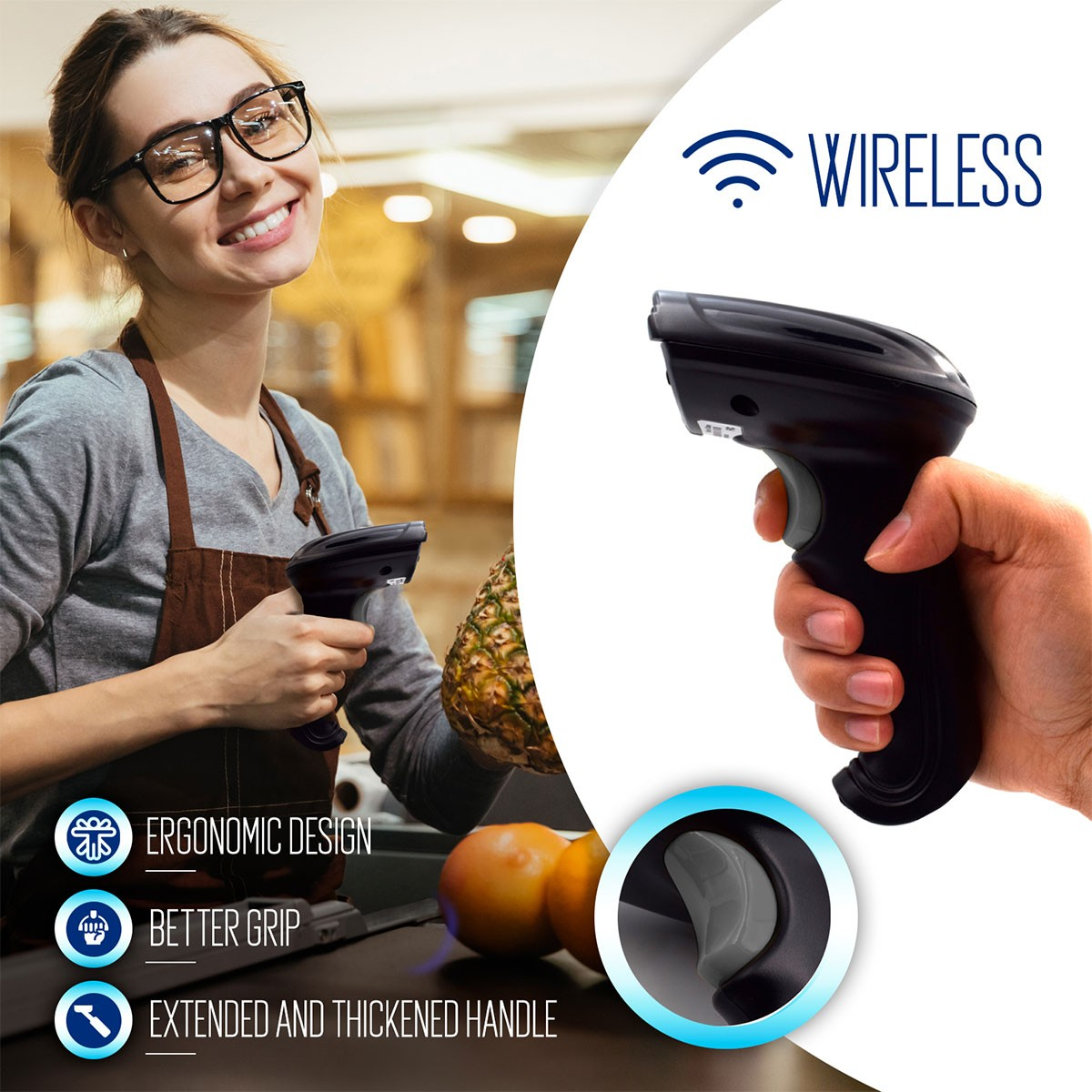 Donna con occhiali sorride tenendo uno scanner. Scanner nero in mano. Ananas e arance sul bancone. Testo wireless.