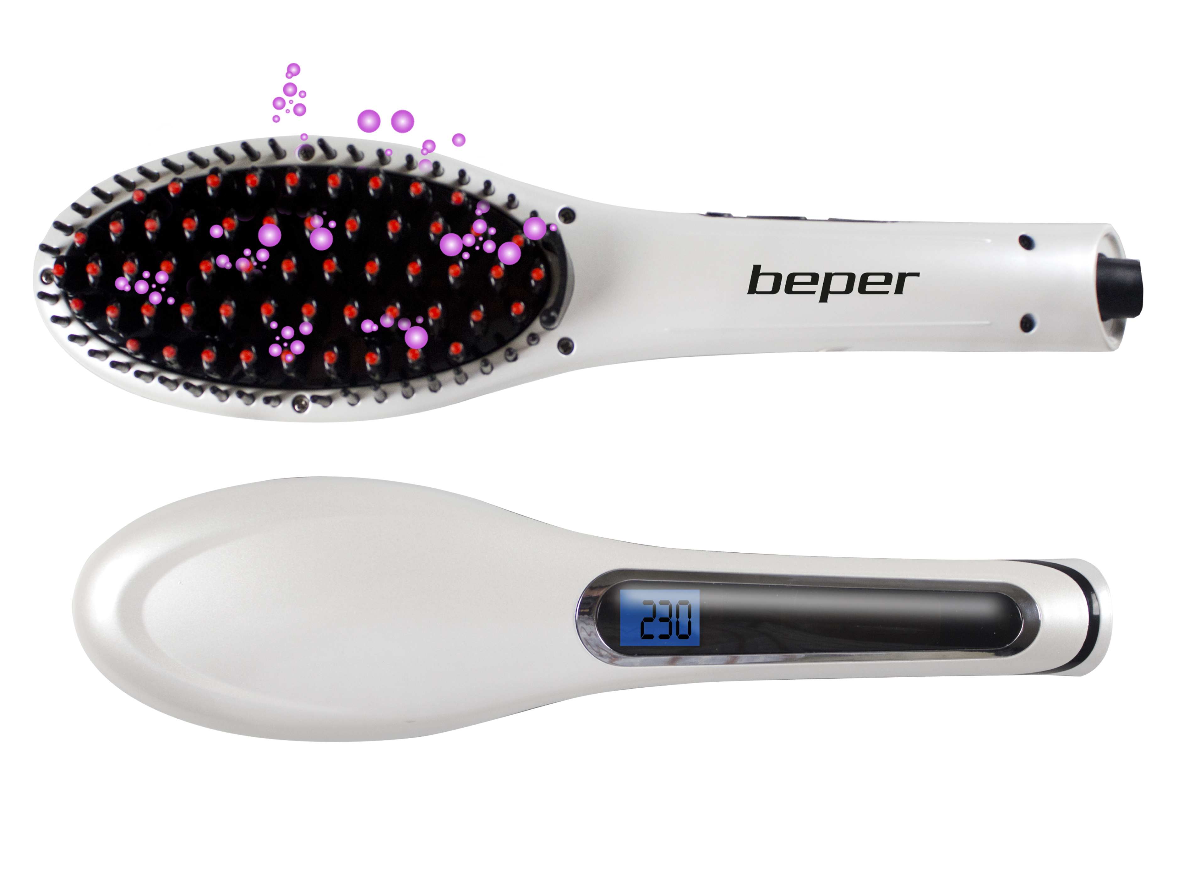 Una spazzola bianca per lisciare i capelli con la scritta 'beper'. Ha pettine rosso e nero e schermo digitale con 230.