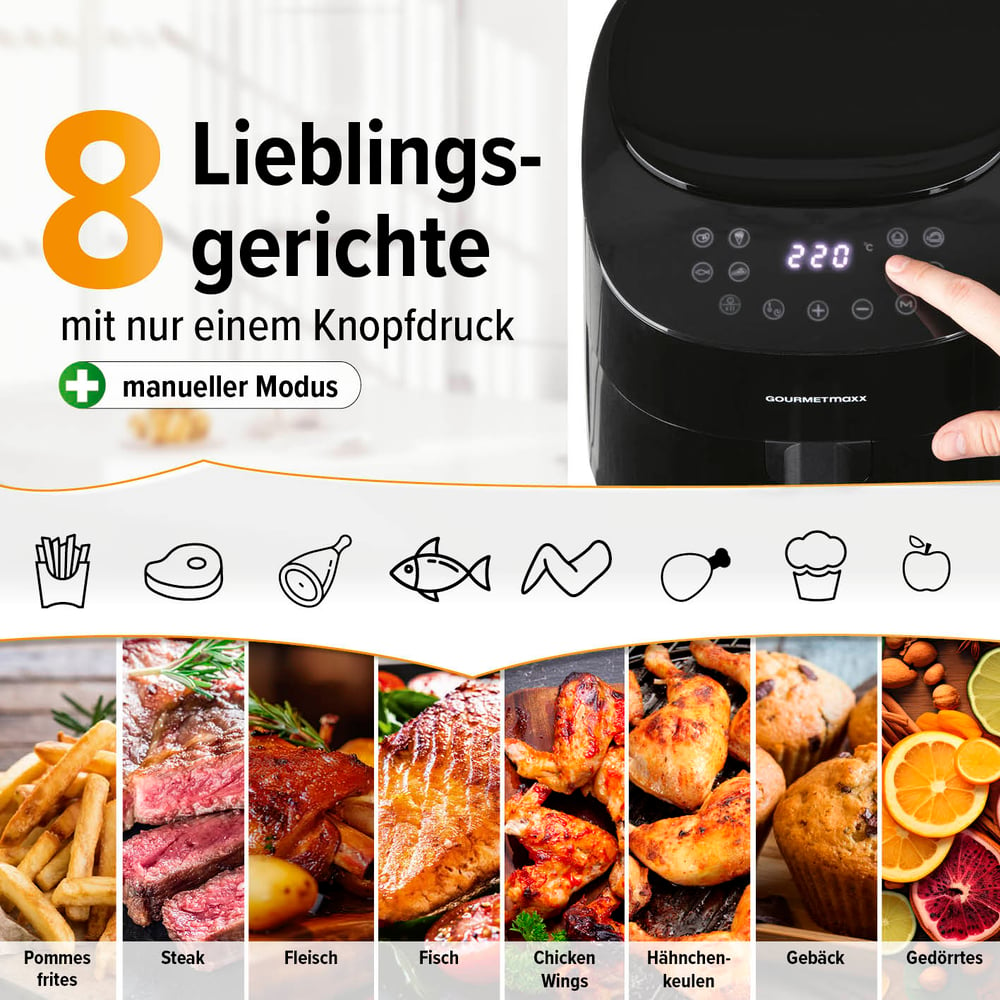 Ein Heißluftfritteuse mit Essenssymbolen und gekochten Gerichten. Text lautet '8 Lieblingsgerichte'. Eine Hand berührt das Bedienfeld.