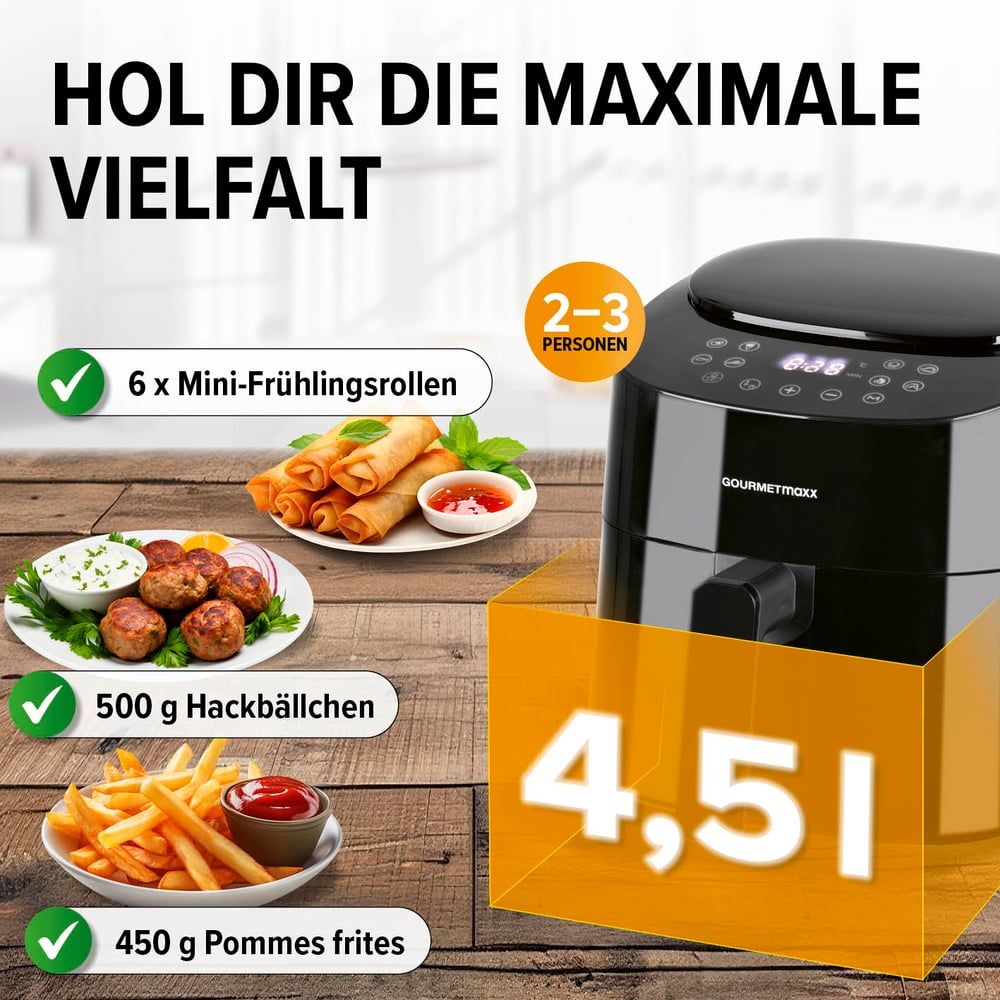Ein Airfryer mit Speisen wie Frühlingsrollen, Hackbällchen und Pommes. Text enthält 'HOL DIR DIE MAXIMALE VIELFALT' und '4,5l'.