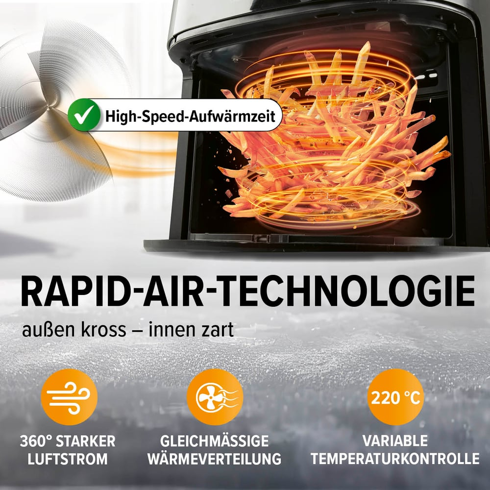 Eine Heißluftfritteuse mit Pommes Frites. Sie zeigt die Rapid-Air-Technologie und hebt die schnelle Aufwärmzeit und 220 Grad Temperatur hervor.