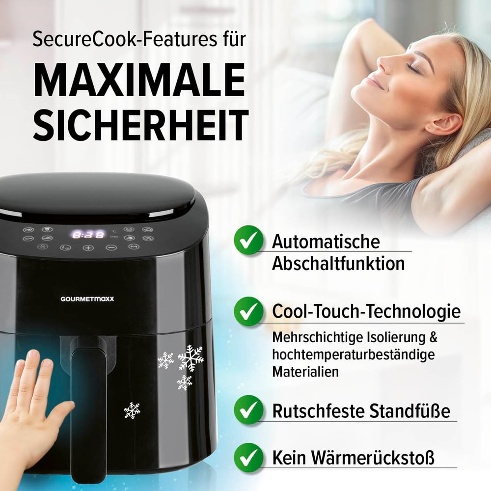 Schwarze Heißluftfritteuse mit entspannter Frau im Hintergrund. Eigenschaften: Abschaltautomatik, Cool-Touch-Technologie und rutschfeste Füße.