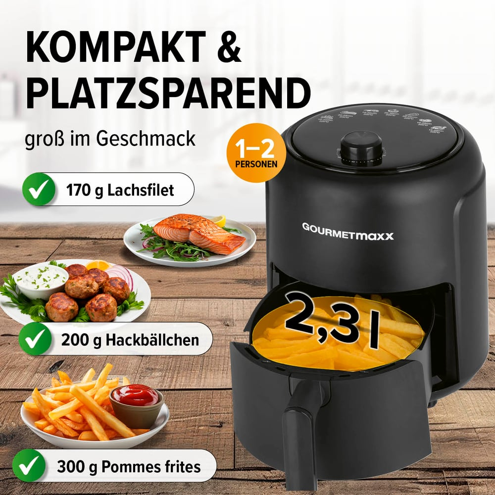 Schwarze Heißluftfritteuse mit Pommes. Lachs, Fleischbällchen und Pommes werden gezeigt. Text: Kompakt & platzsparend, 1-2 Personen.