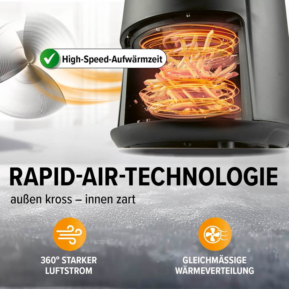 Ein Airfryer mit Pommes Frites. Es zeigt die Rapid-Air-Technologie mit Symbolen für Luftstrom und Wärmeverteilung.