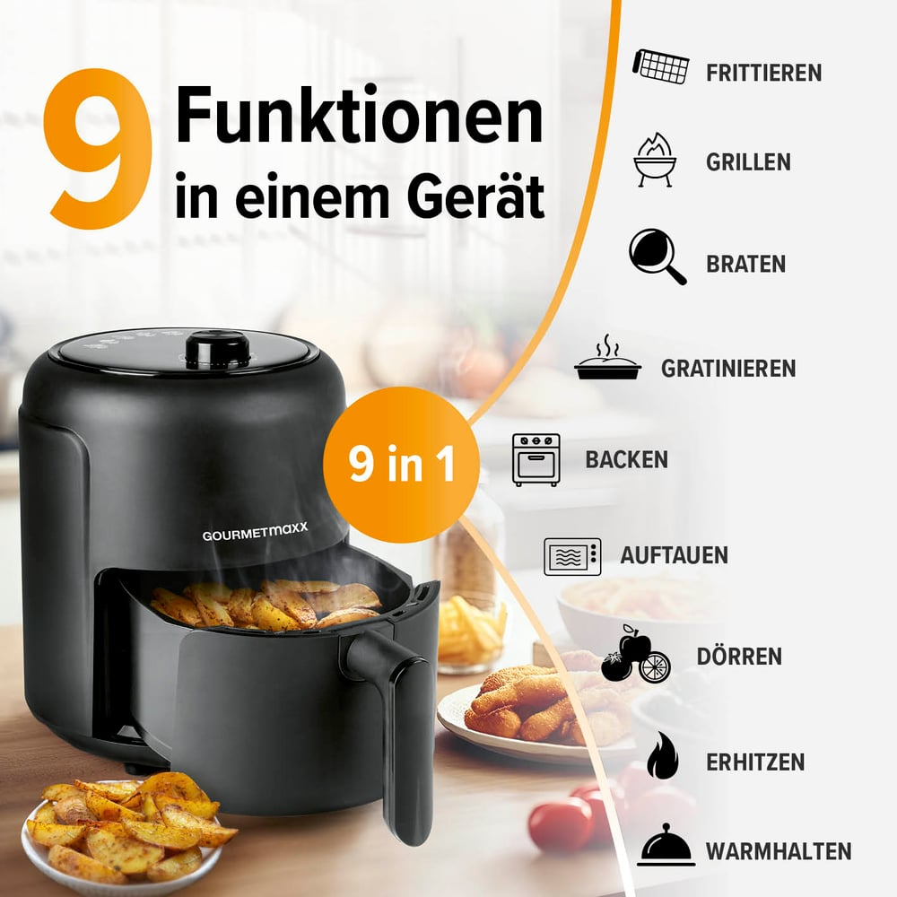 Ein schwarzer Airfryer mit gekochten Kartoffeln. Es hat 9 Funktionen. Text: 9 Funktionen in einem Gerät und 9 in 1.