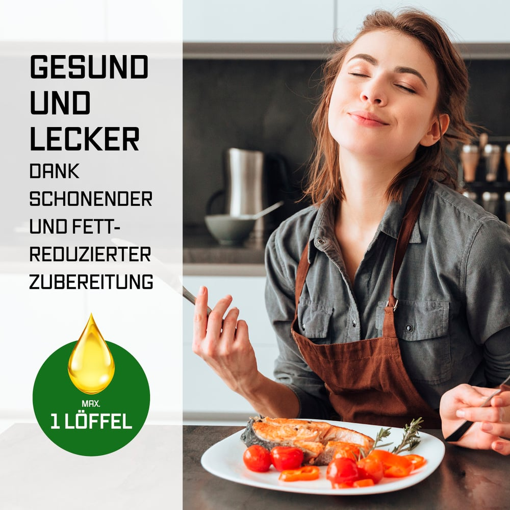 Frau in der Küche mit geschlossenen Augen, braune Schürze. Teller mit Lachs und Tomaten. Text sagt 'gesund und lecker'.